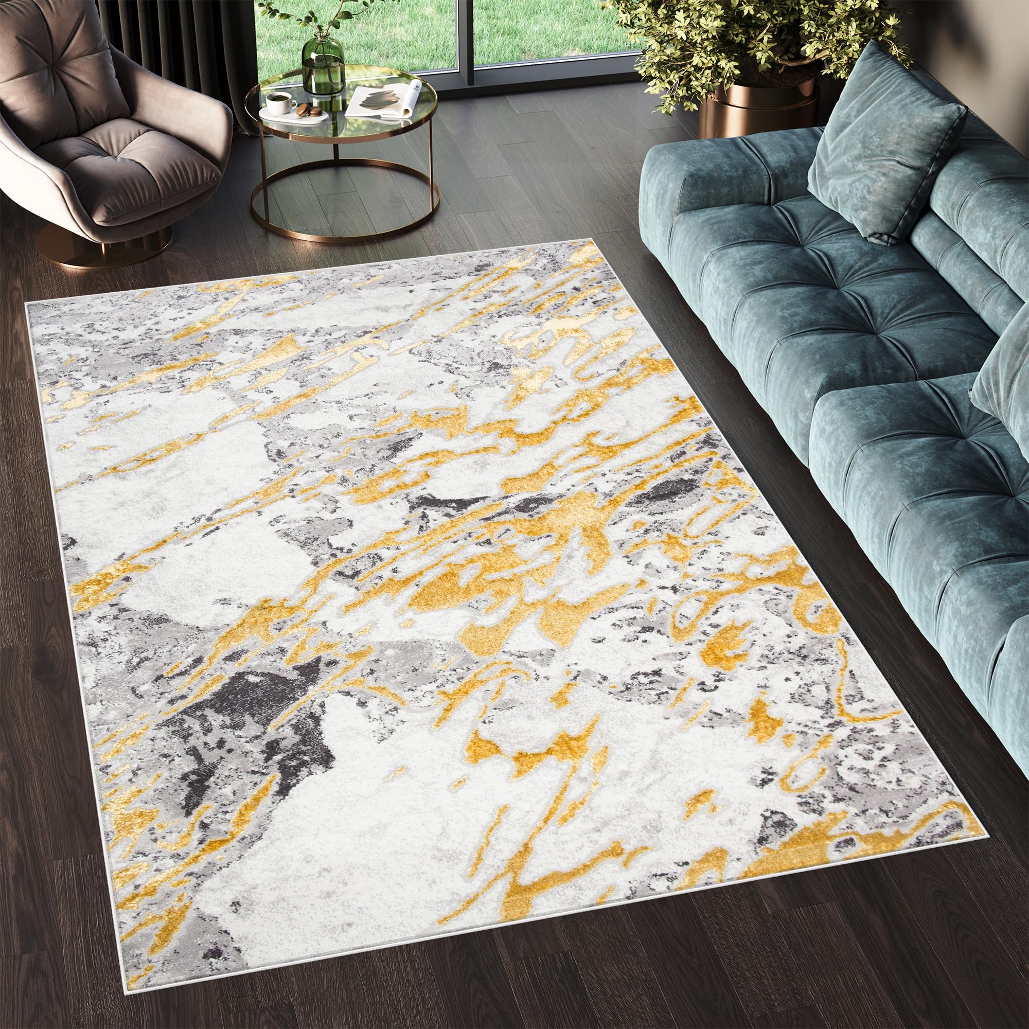 TAPISO Shine Alfombra Suave de Pelo Corto Diseño Moderno Dorado Crema Tonos de Gris Alfombra de Salón Habitación Dormitorio Alfombra Resistente Oeko-Tex 80 x 150 cm