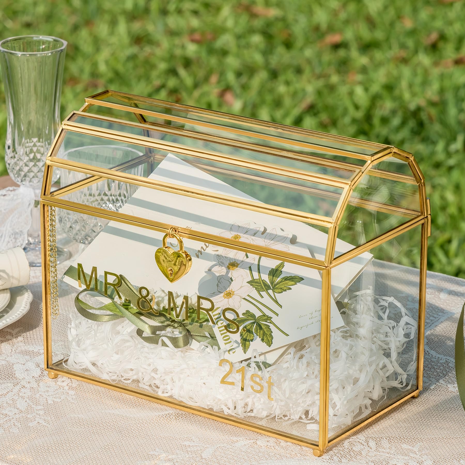 NCYP 26x14x21,5cm Scatola per biglietti di nozze con fessura e serratura in vetro dorato, per feste di compleanno, ricevimenti, vintage, design ad arco (Solo Scatola di Vetro e Lucchetto)