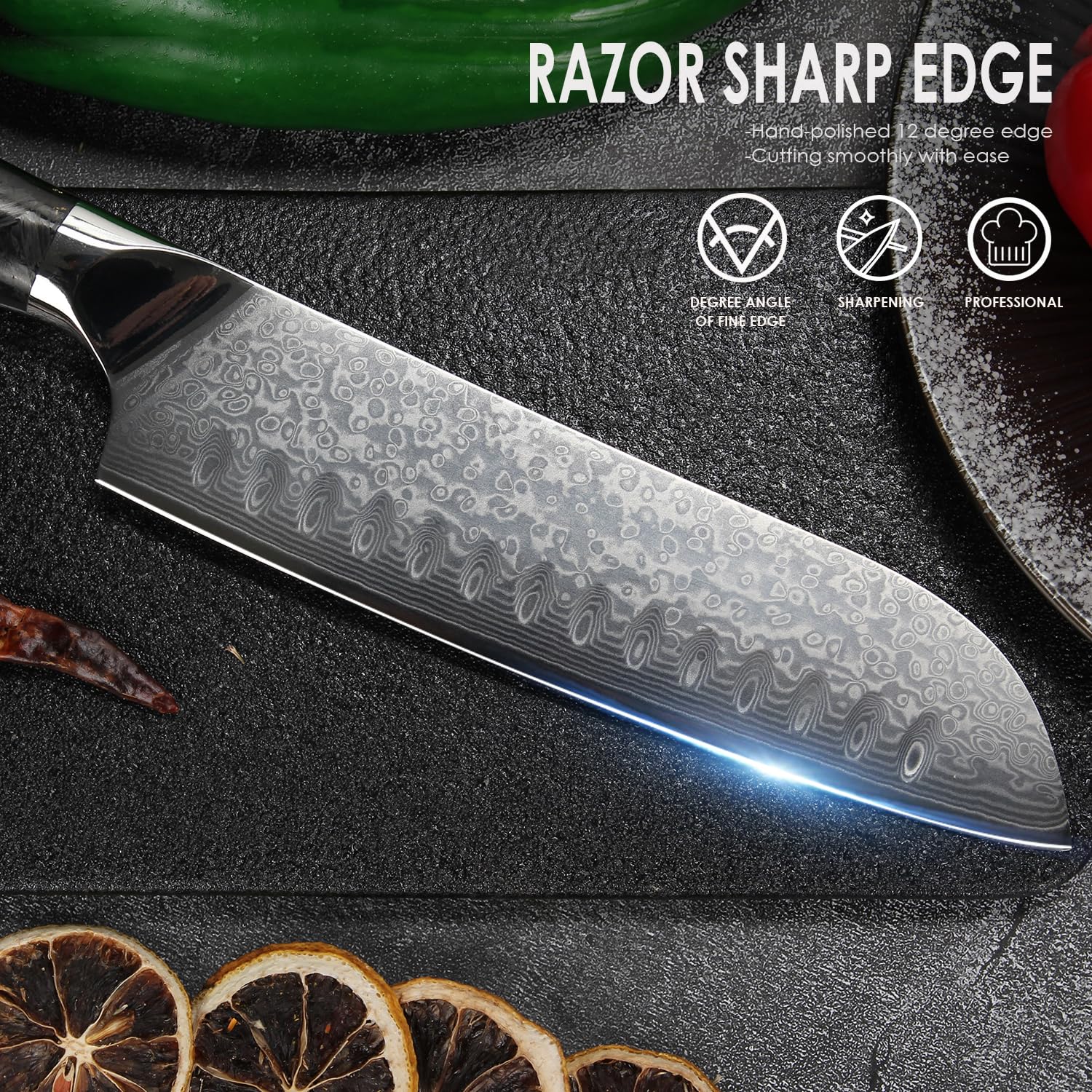 Damascato Coltello da Santoku, Coltello Damasco in 67 Strati di Acciaio Damascato VG-10, Coltello da Cucina Professionale 17.8 cm Lunghezza Lama Extra Affilata, Manico Ergonomico in Resina