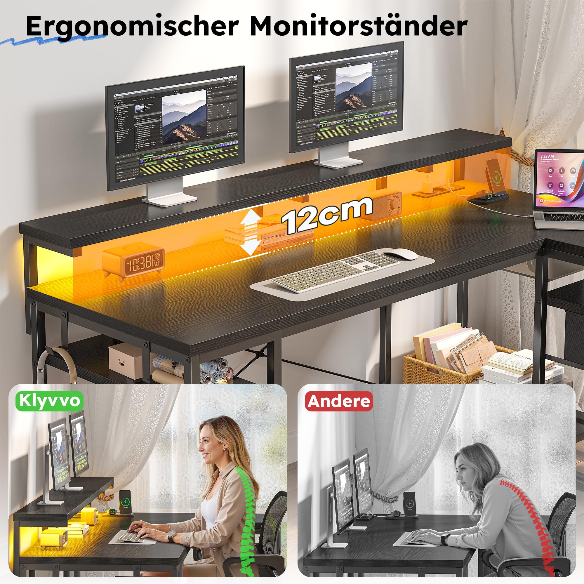 140x80 cm L Form Gaming Schreibtisch mit 3 Schubladen, Monitorständer, LED, USB-Ladeanschluss und Steckdose, Umkehrbar Computertisch mit Kopfhörerhaken für Homeoffice und Gaming, Schwarz