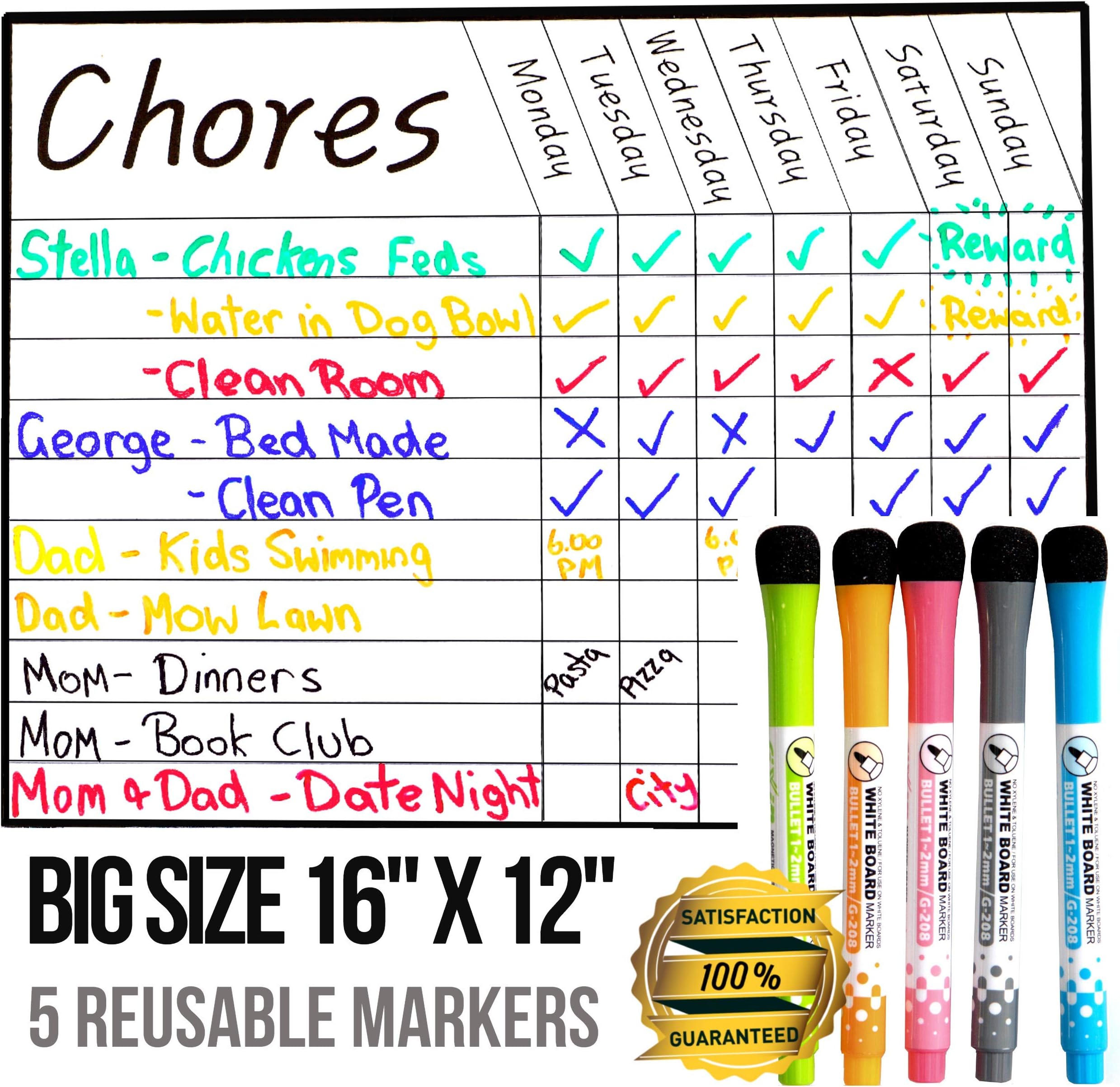 Magnetic Weekly Chore Board for Kids, Adults and Family | Dry Erase 16" x 12" | Stain Resistant Technology, Track Responsibilities, Reward Tasks, Improve Behavior | 5 Pens Included