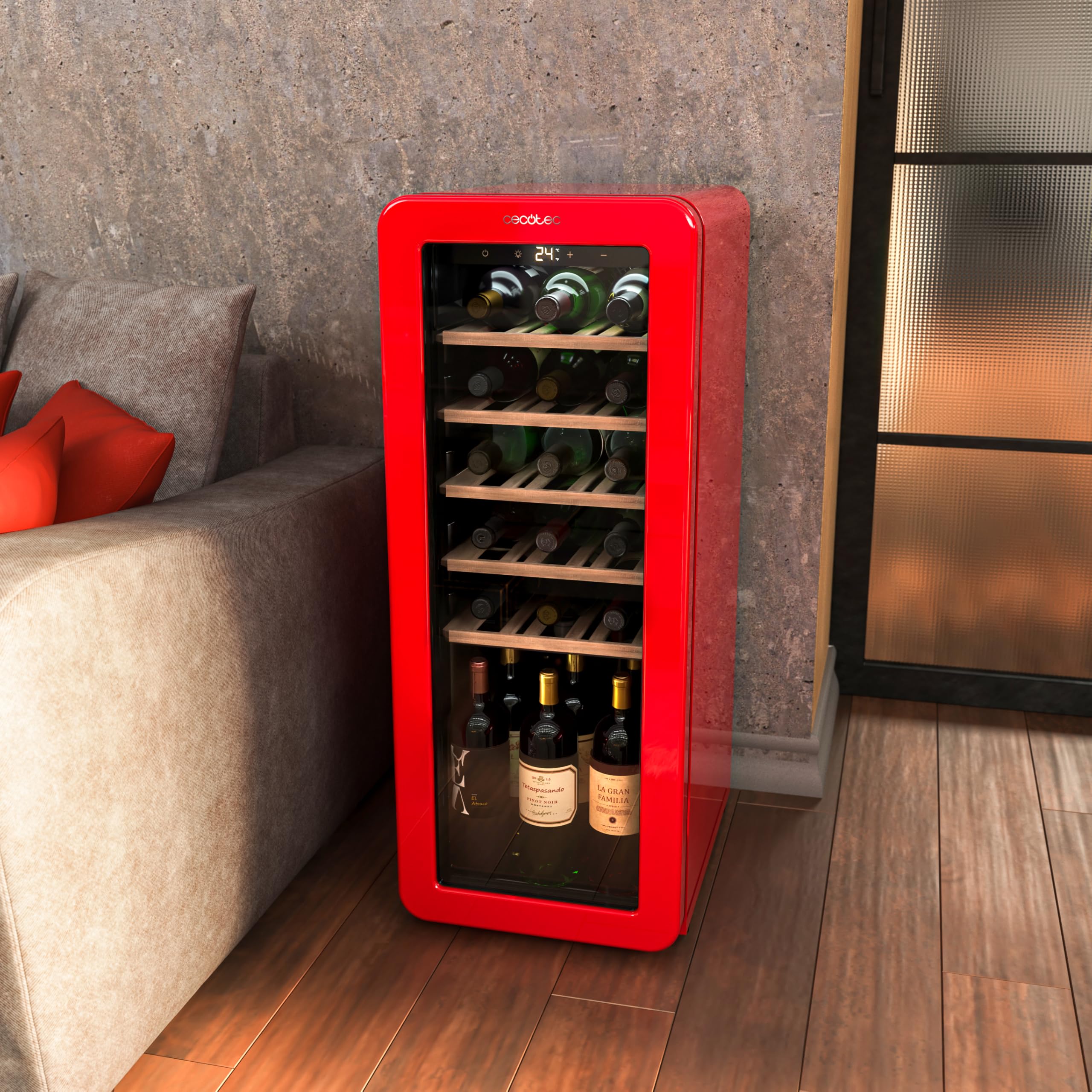 Cecotec Cantinetta 24 Bottiglie Retrò Bolero Grandsommelier Origin 24 Hit Green. Finitura Verde Controllo Led, Temp. 5-20ºC, NoFrost, Ripiani In Legno, Luce Interna, Ventilazione