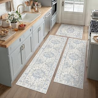 Washable Neutral Blue Kitchen Runner Rug Set of 3