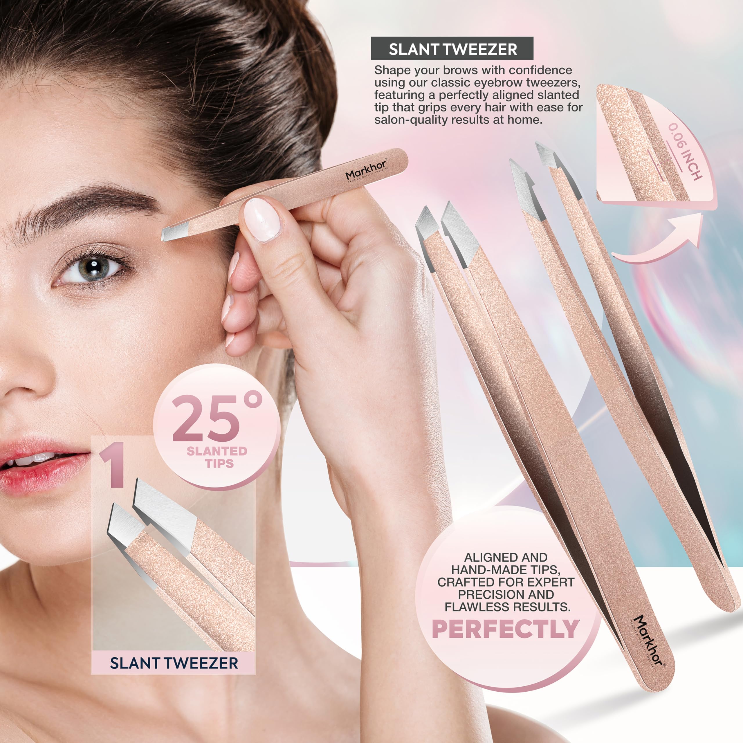 MARKHOR® Rose Gold - Set Profesional de Pinzas de Precisión y Pinzas Depilar para Cejas Vello Facial Astillas y Pelos Encarnados - Acero Inoxidable con Estuche (Pack de 4)