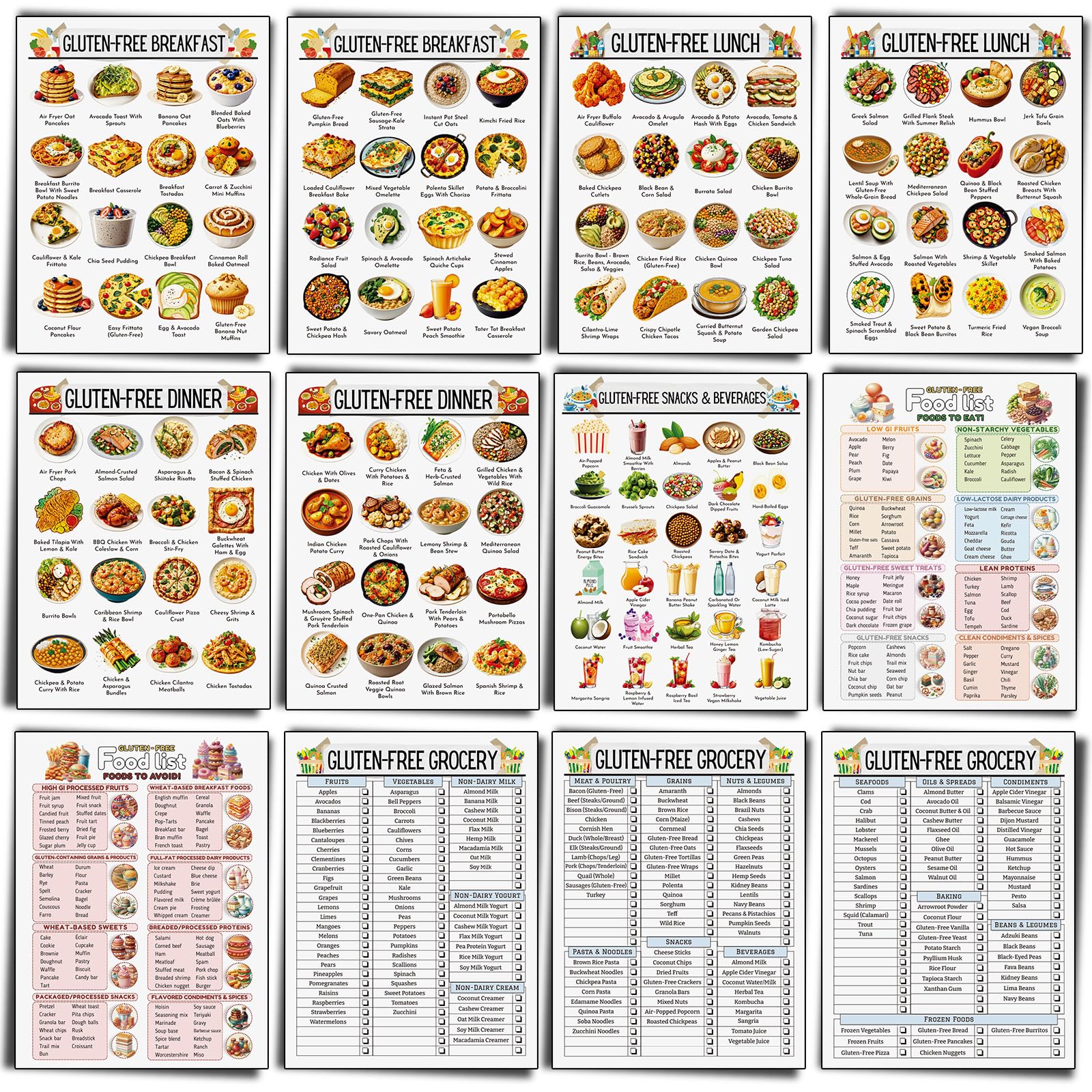 Sinload 12 Pcs Gluten Free Meal Plan Charts for Celiac Disease Diet