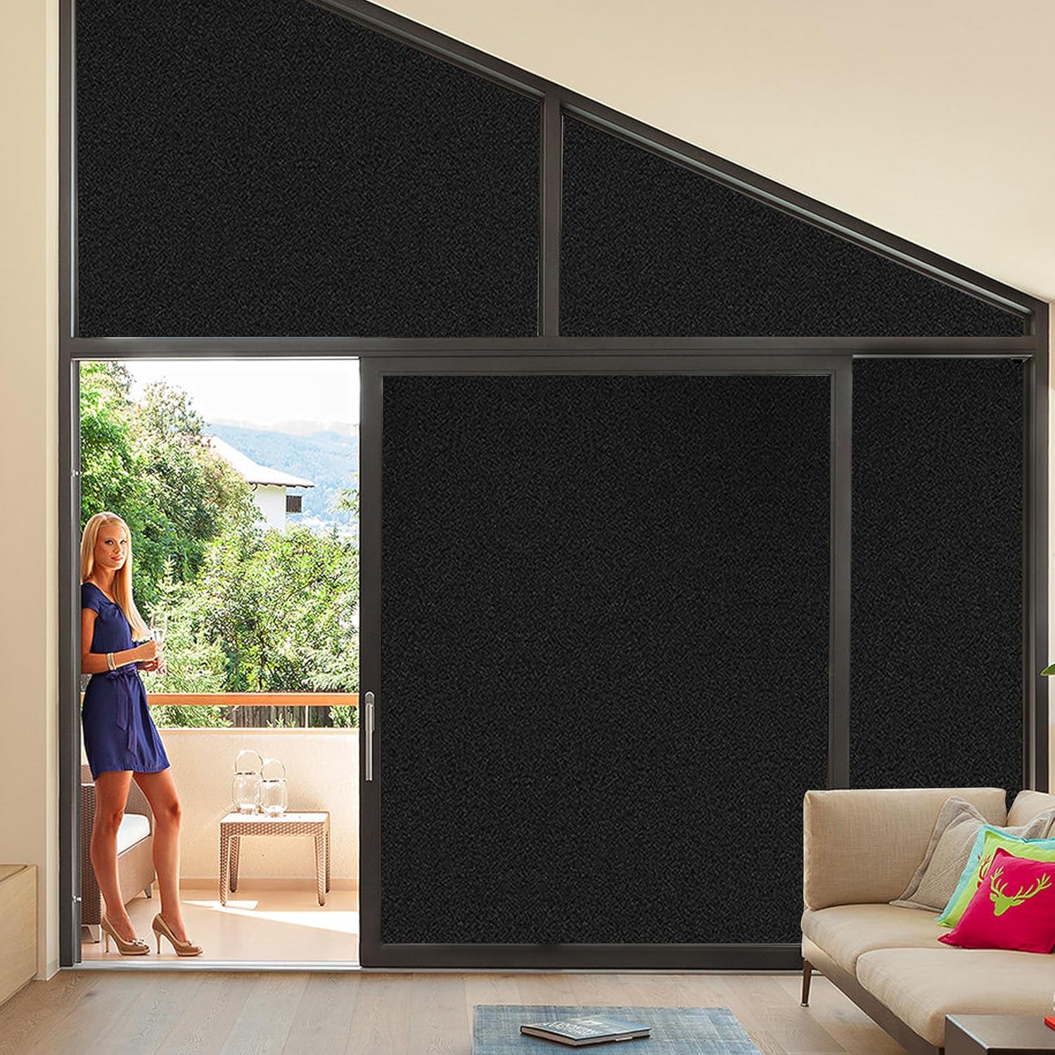 Window Film, Window Privacy Film with Free Installation Tools, Blocks 100% of UV and Light Rays Window Film No Glue Black Window Tint for Home Office (Total Black, 17.5 Inch X 13.1 Feet)
