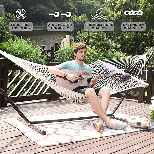Miniatura 5 de Lazy Daze Hammocks Hamaca de doble cuerda con soporte incluido, cuerda de algodón tradicional de 12 pies con almohada para exterior, patio trasero,