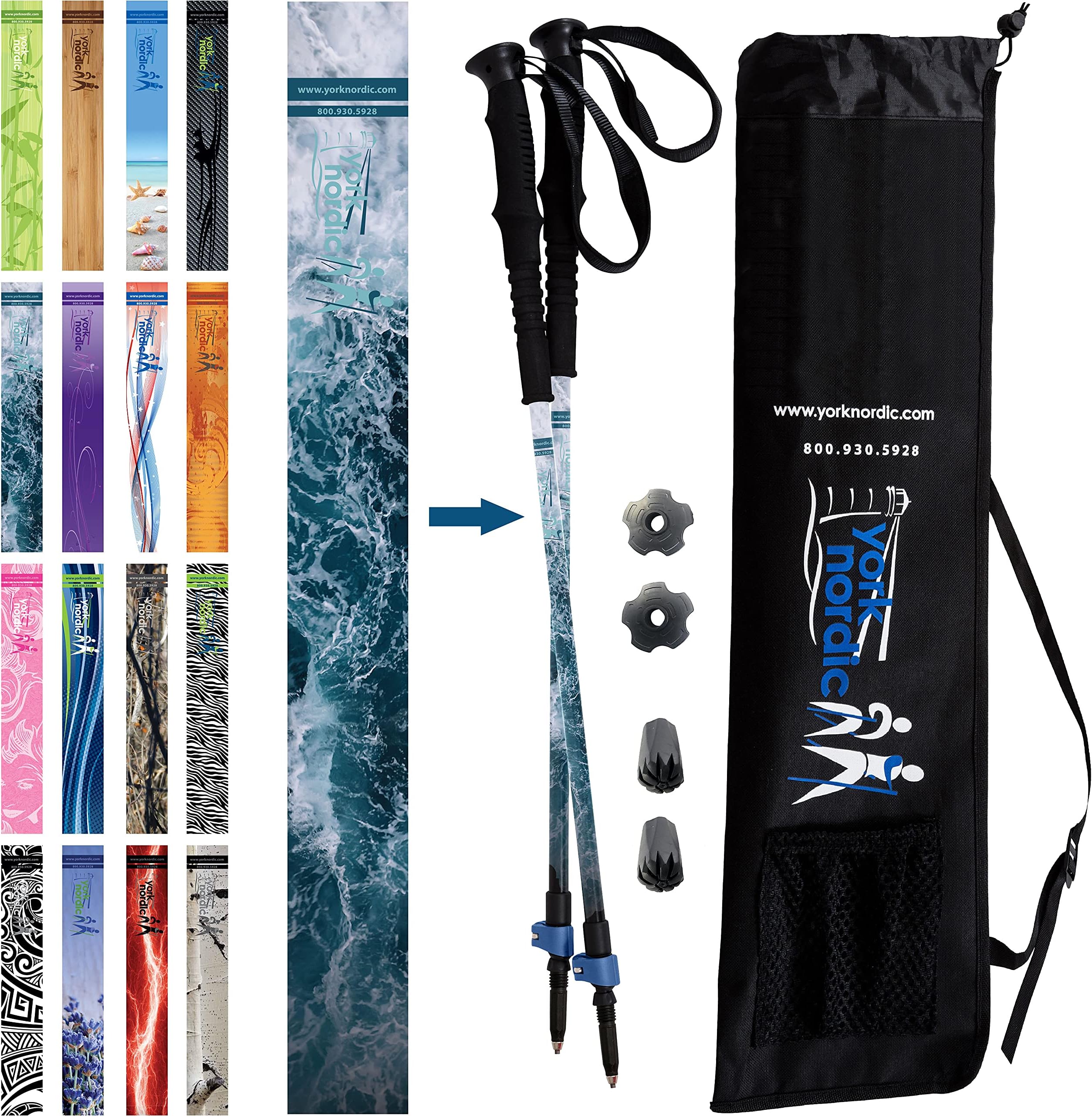York Nordic Hiking & Walking Poles - Cushion Foam Grips w/Nordic Strap - Lightweight, Adjustable, and Great for Balance -2 Pieces w/Flip Locks, and Travel Bag - Heights 5'4"-6'2"