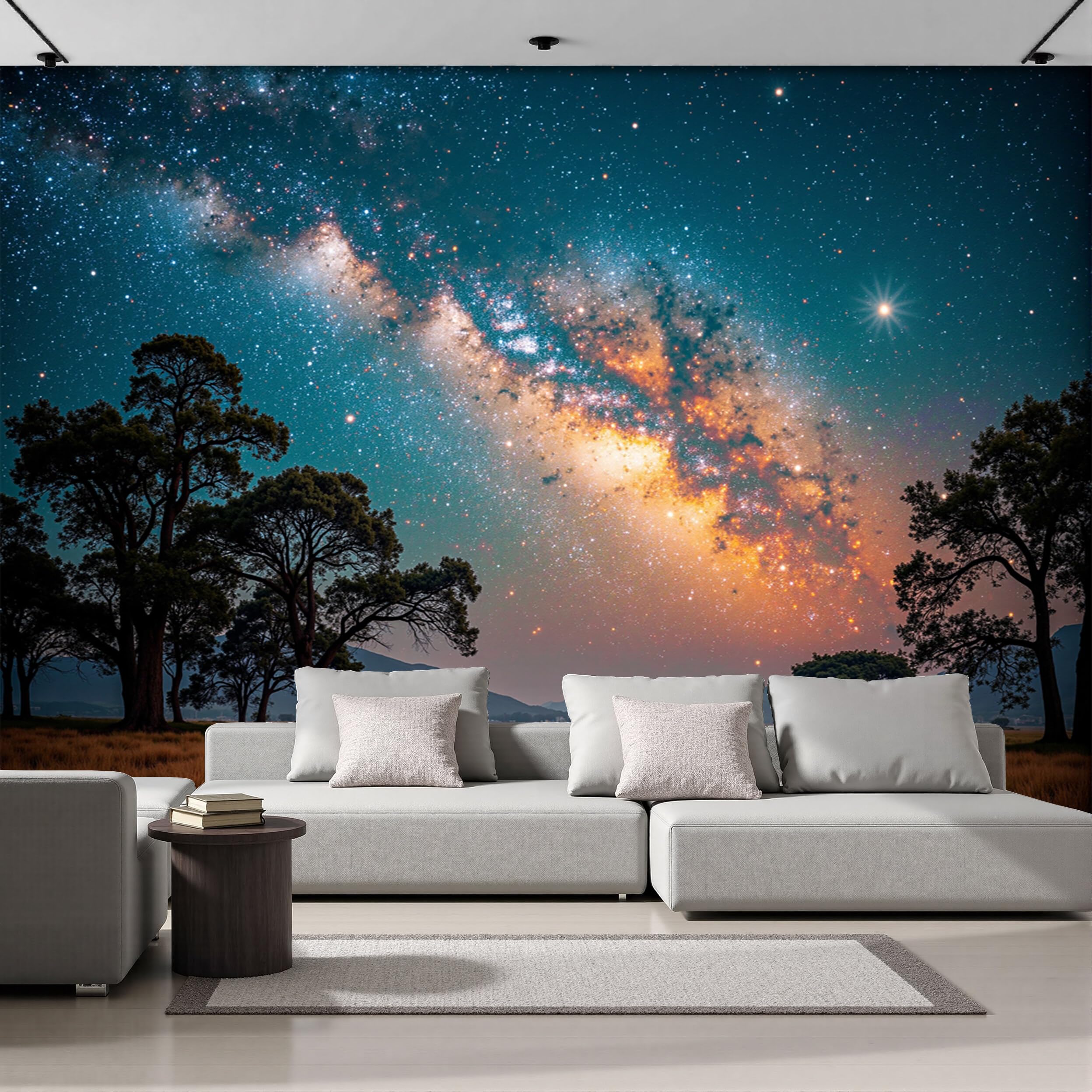 Carta Da Parati Fotografica 200X140Cm Campi Stellati Paesaggio Da Sogno Poster Murale Soggiorno Camera Da Letto,Grande Fotomurali Murale Decorazione Della Parete, Blu