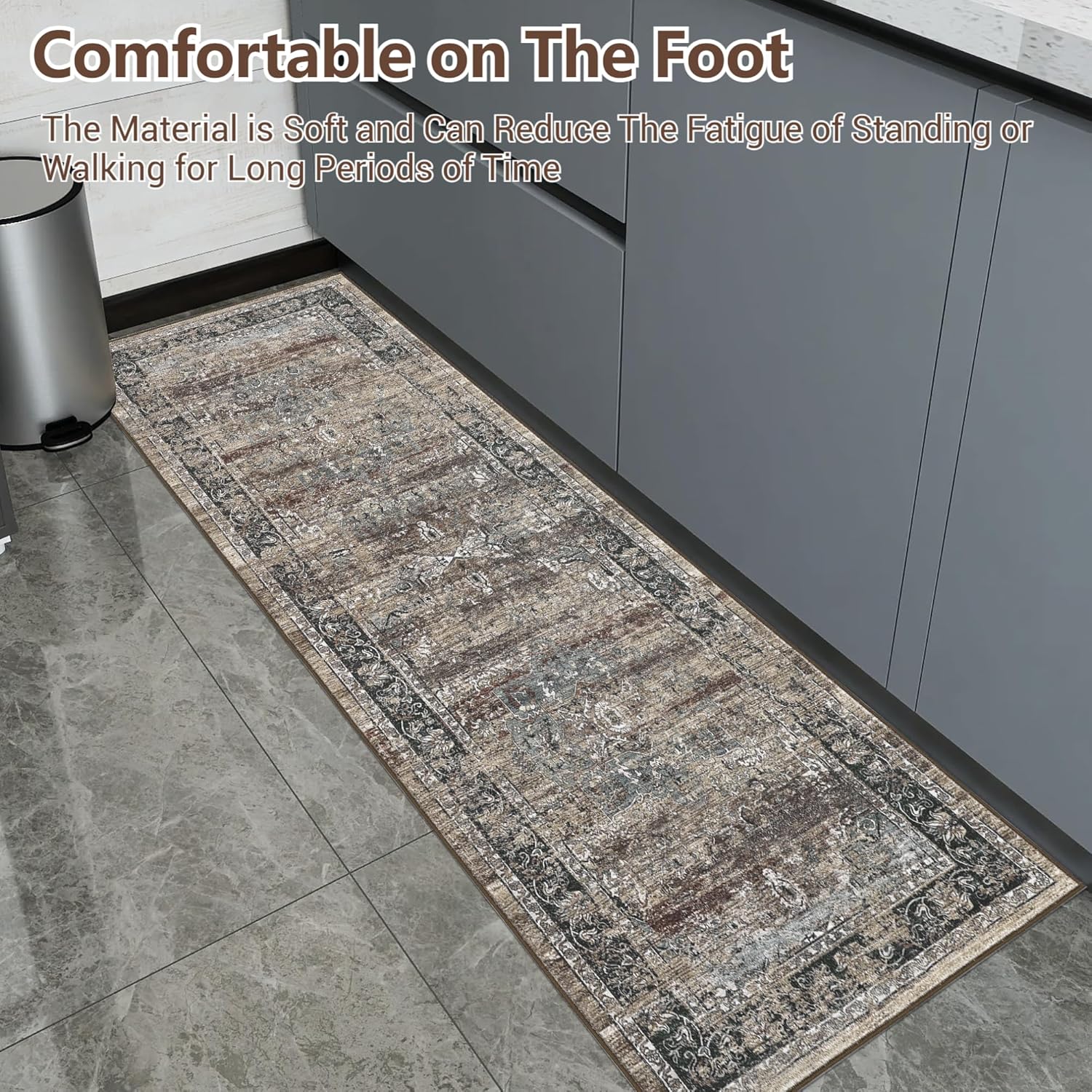 Washable Area Rugs 2x6 Vintage Printed Runner Rug with Non-Slip Backing, Oriental Distressed Floor Cover, Medallion Low Pile Indoor Mat for Hallway, Kitchen, Laundry, Brown