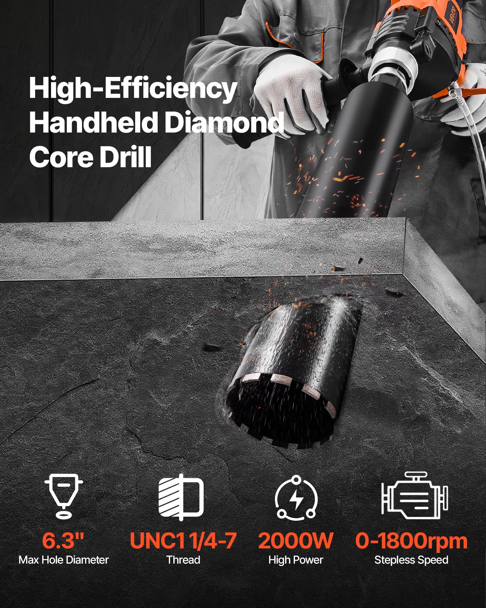 VEVOR Perforadora de Diamante, Perforadora Portátil de Núcleos en Seco y Húmedo de Velocidad Variable de 0 a 1800 RPM con 4 Brocas, Diámetro de Perforación de 20-160 mm para Hormigón, Ladrillo, Piedra