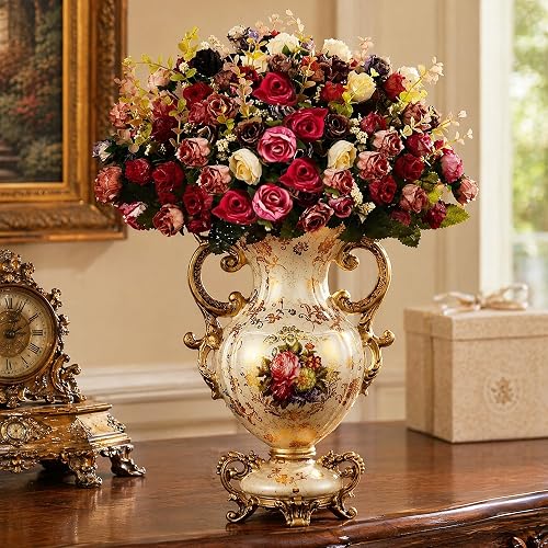 Artificial Flowers in Vase, 20.4" Tall Faux Silk Rose Arrangement | Vintage Gold Floral Resin Vase, Luxury Indoor Table Centerpiece for Living Room Dining Wedding Decor