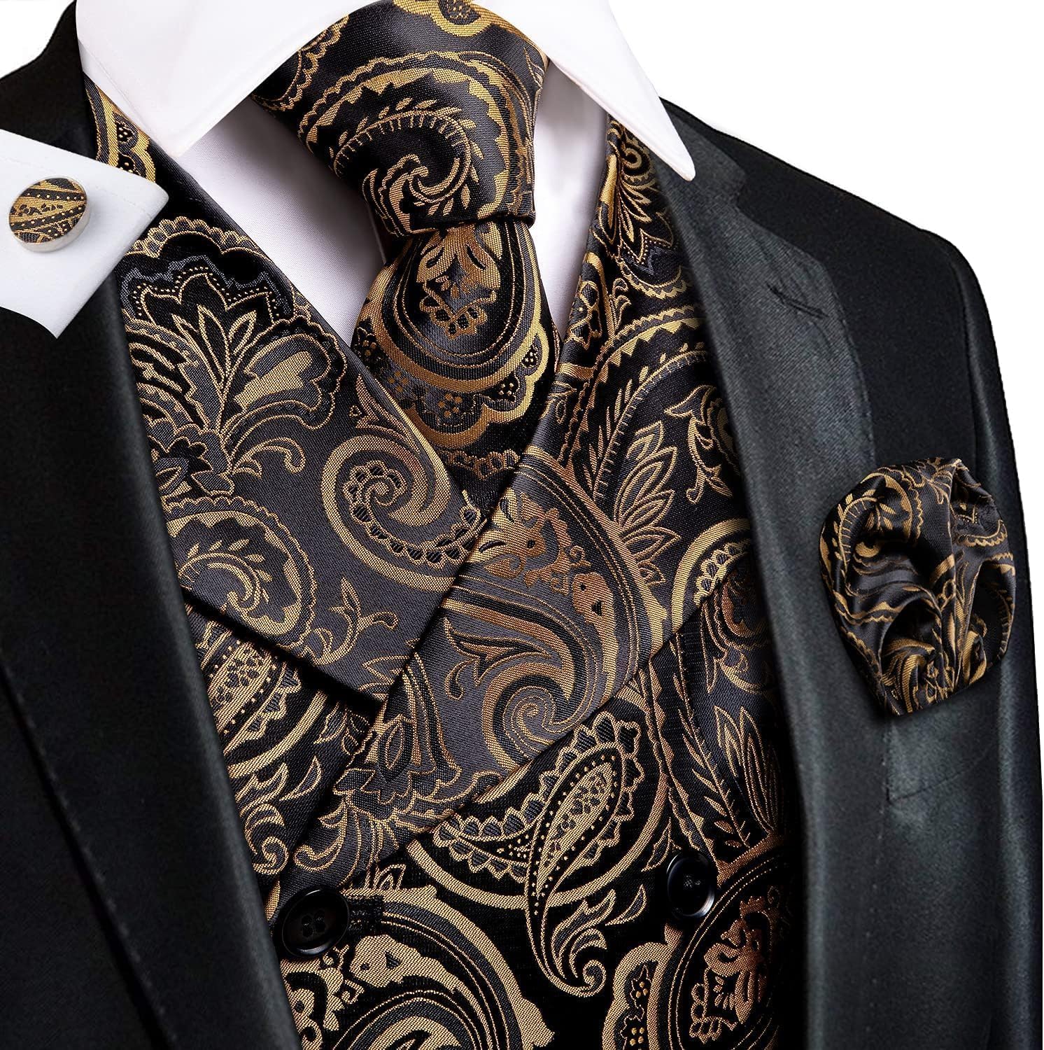 Hi-Tie Double Breasted Suit Vest Tie Set For Men Waistcoat Lapel Pin Handkerchief Cufflinks Tie Clip Suit Tuxedo 6Pcs