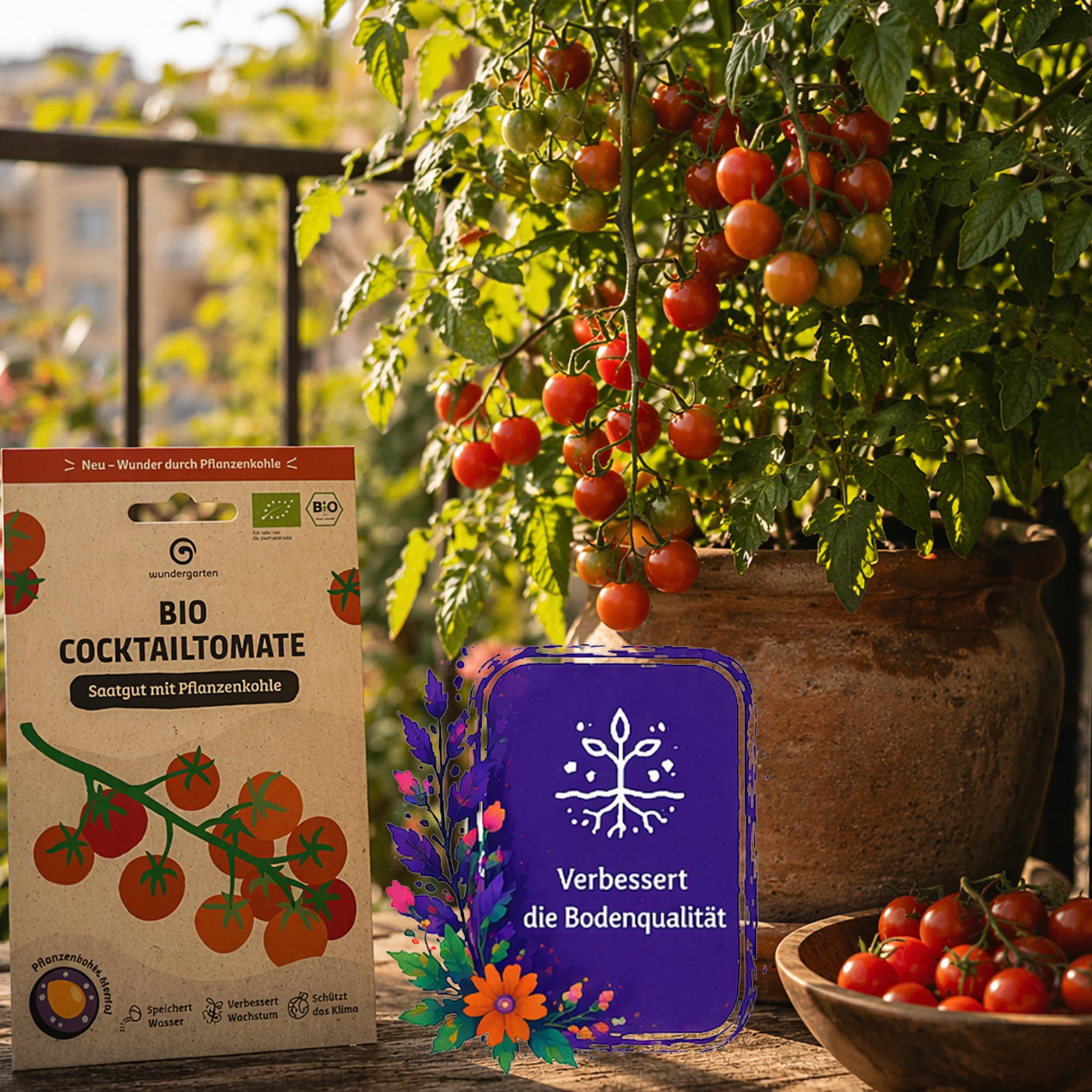 20x Bio Cocktailtomaten Saatgut Zuckertraube – Wundergarten – Mit Pflanzenkohle-Mantel – Hohe Keimrate & süße Snack-Tomaten – Gemüsesamen für Balkon, Garten & Gewächshaus