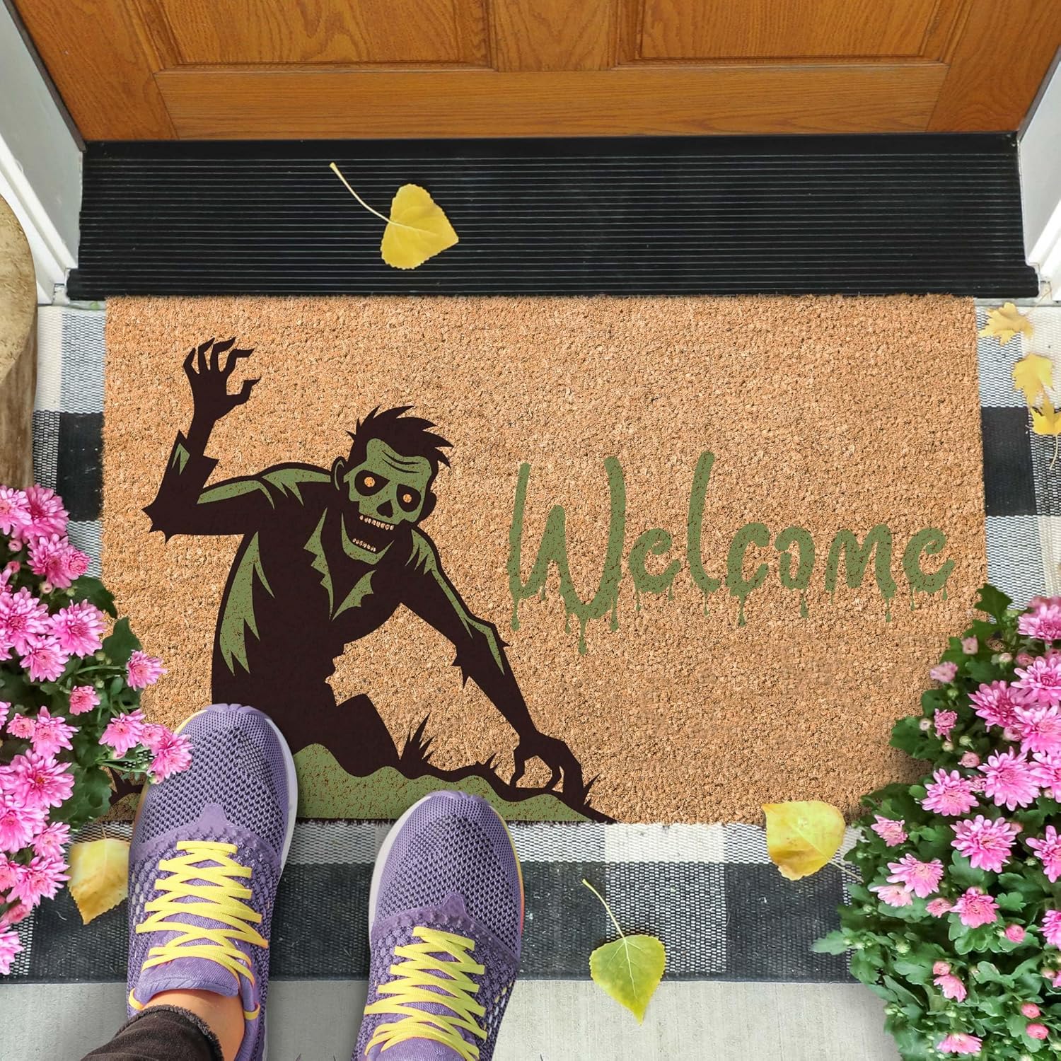 Halloween Coir Doormat, Welcome Mat Outdoor, Farmhouse Decor, Zombie Front Door Rug Heavy Duty Slip Resistant Backing, 24x16" Inches, Coir Material, Made by My Sign Center