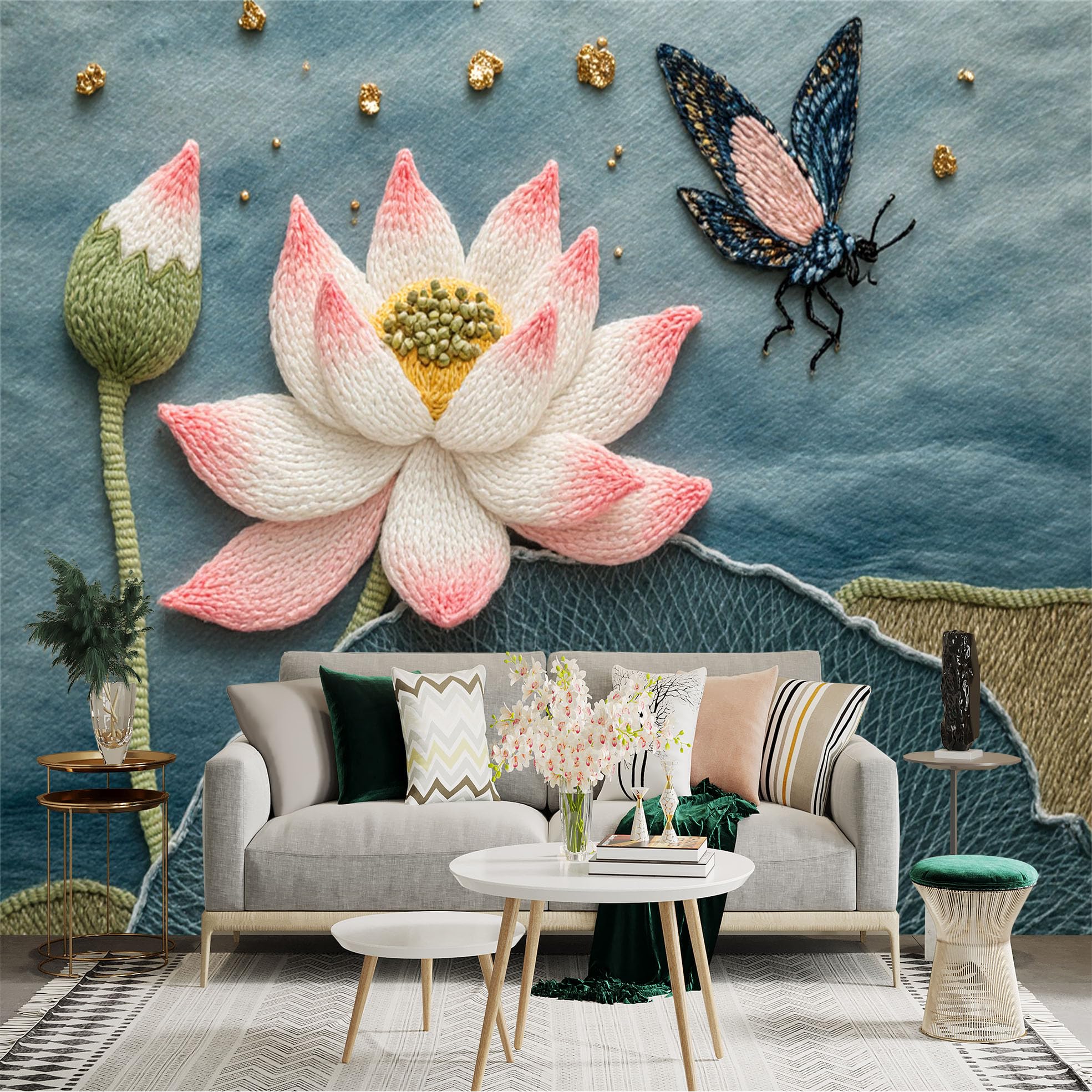 Custom Size Wall Sticker Mural， Elegant Embroidered Lotus Flowers， Blooming Water Lily with Butterfly， Soft Pastel Pond Scenery， for wall Decoration， peelandstick wall Decals.