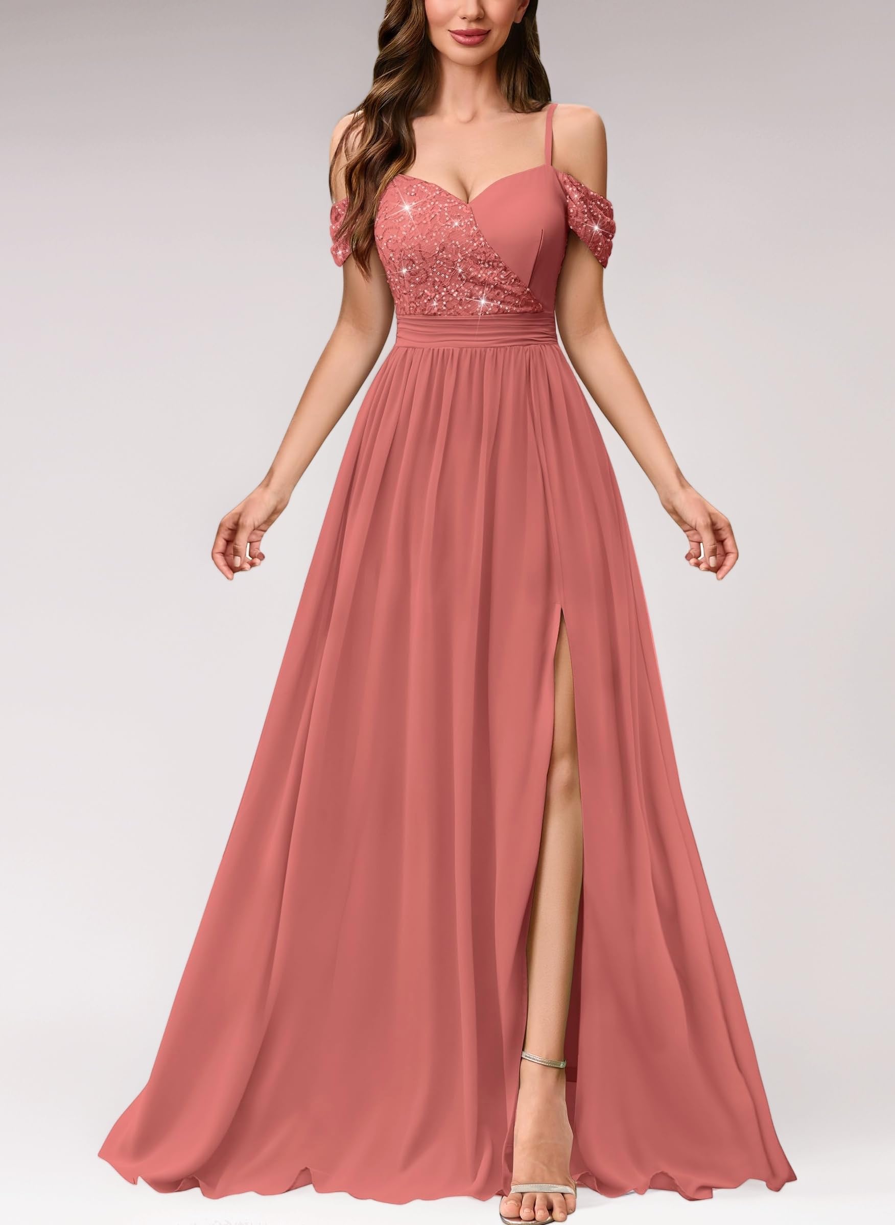 Women's Vintage Slip Off-Shoulder Lace Sequin Wedding Guest Banquet Party Maxi Dress