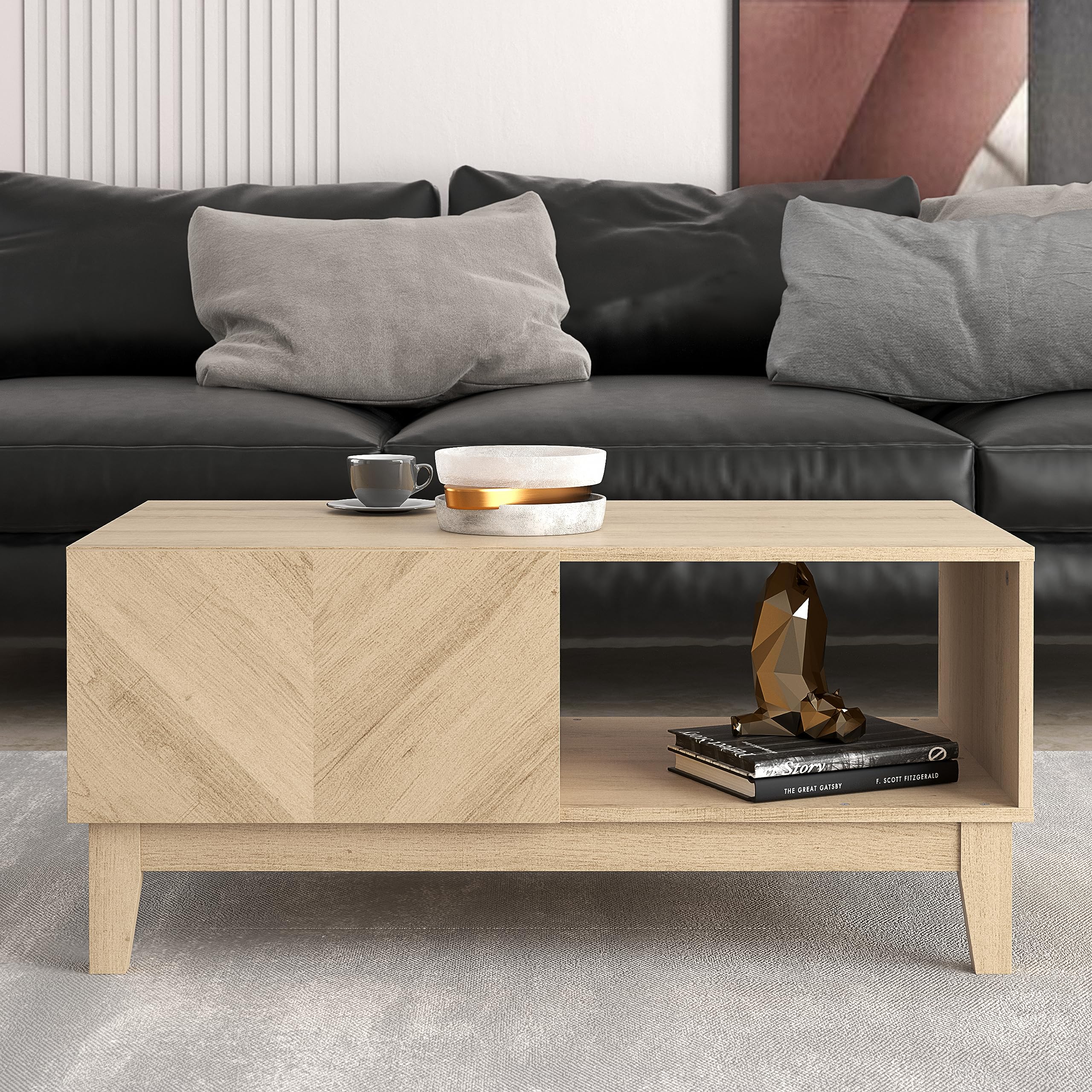 Galano Hanwell Table Basse Rectangulaire Avec Rangement – Élégante Table De Salon En Bois Effet Noyer, Armoire Intégrée, 94 X 51,2 X 41,8 Cm