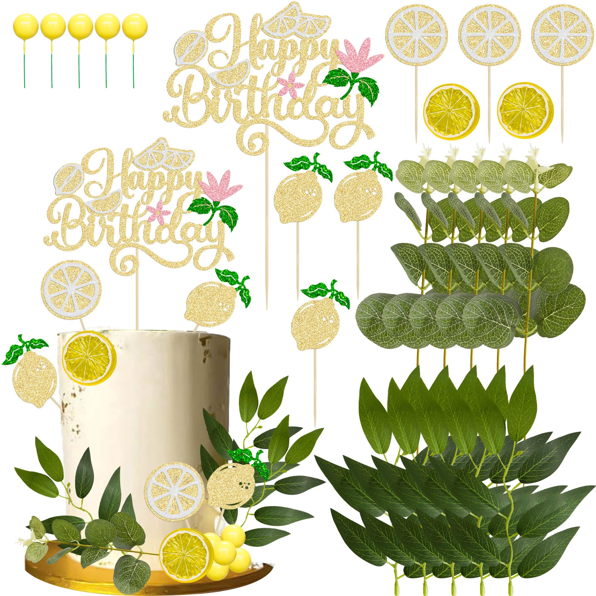 Ephlyn 18Pcs Happy Birthday Topper Cake Decorations Yellow Ball Juicy Lemon Slices Leaves Cake Pick Decorations for DIY Baby Shower Birthday Party Supplies — image 1