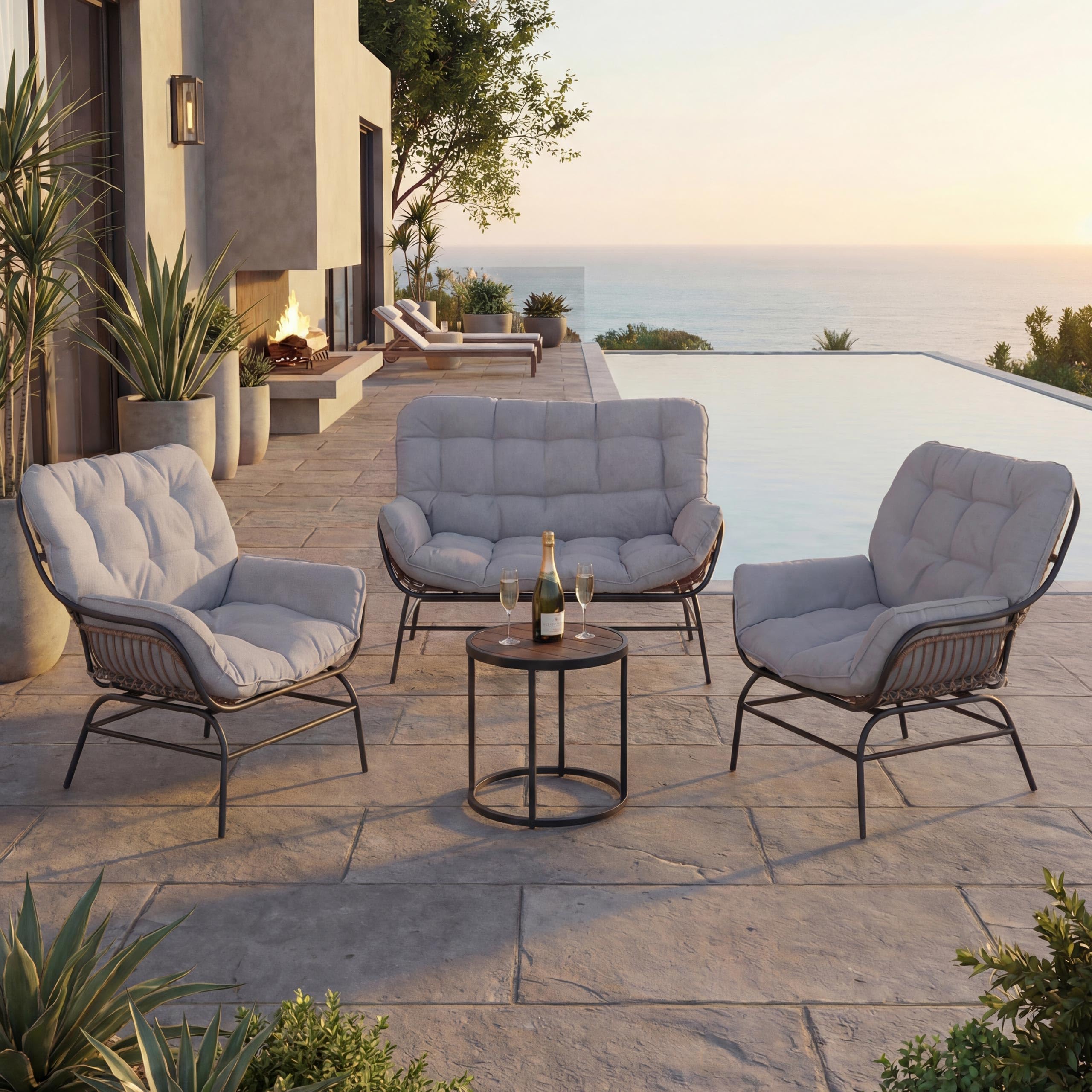 Lounge-Set HWC-P75, Gartengarnitur Sofa Sitzgruppe, Stoff 220g/m² Poly-Rattan Metall - dunkelgrau, Polster hellgrau