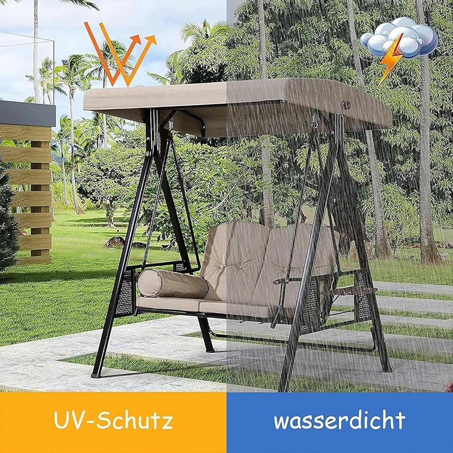 Cover of Swing, Spare Awning for 2 and 3 Seat Swing Seat, Outdoor Block Sun Shade Patio Swing Hamaca Upper Cover Impermeab, 190T：191*120*18/23cm, Negro