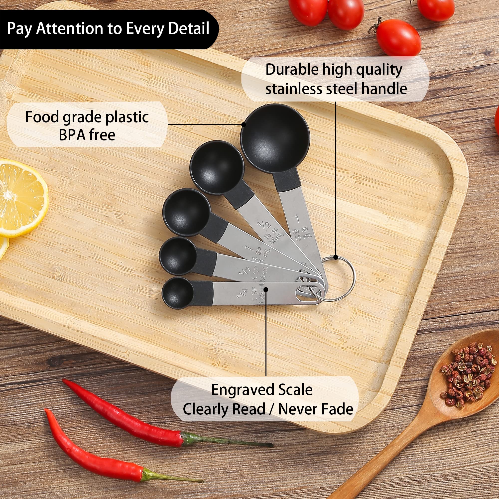 Huygens - Set di misurini e cucchiai da cucina, 8 pezzi, impilabili con manico in acciaio inox per misurare ingredienti secchi e liquidi (nero)
