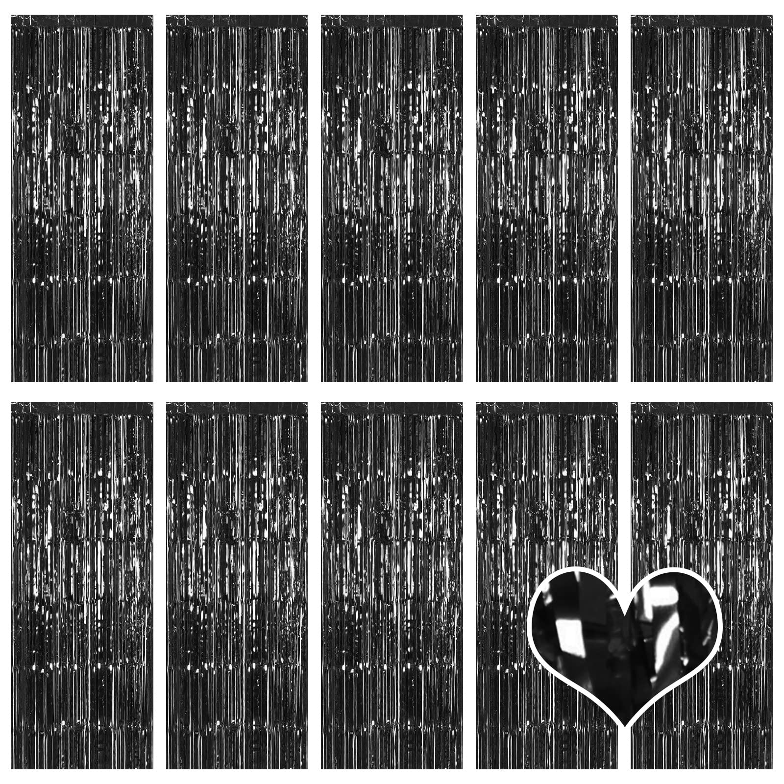 Photo 1 of 10 Pack Black Backdrop Curtain 3.2ft x 8.2ft Metallic Tinsel Foil Fringe Curtains Photo Booth Background for Birthday Party Decoration Baby Shower Engagement Wedding Christmas Decoration (Black)