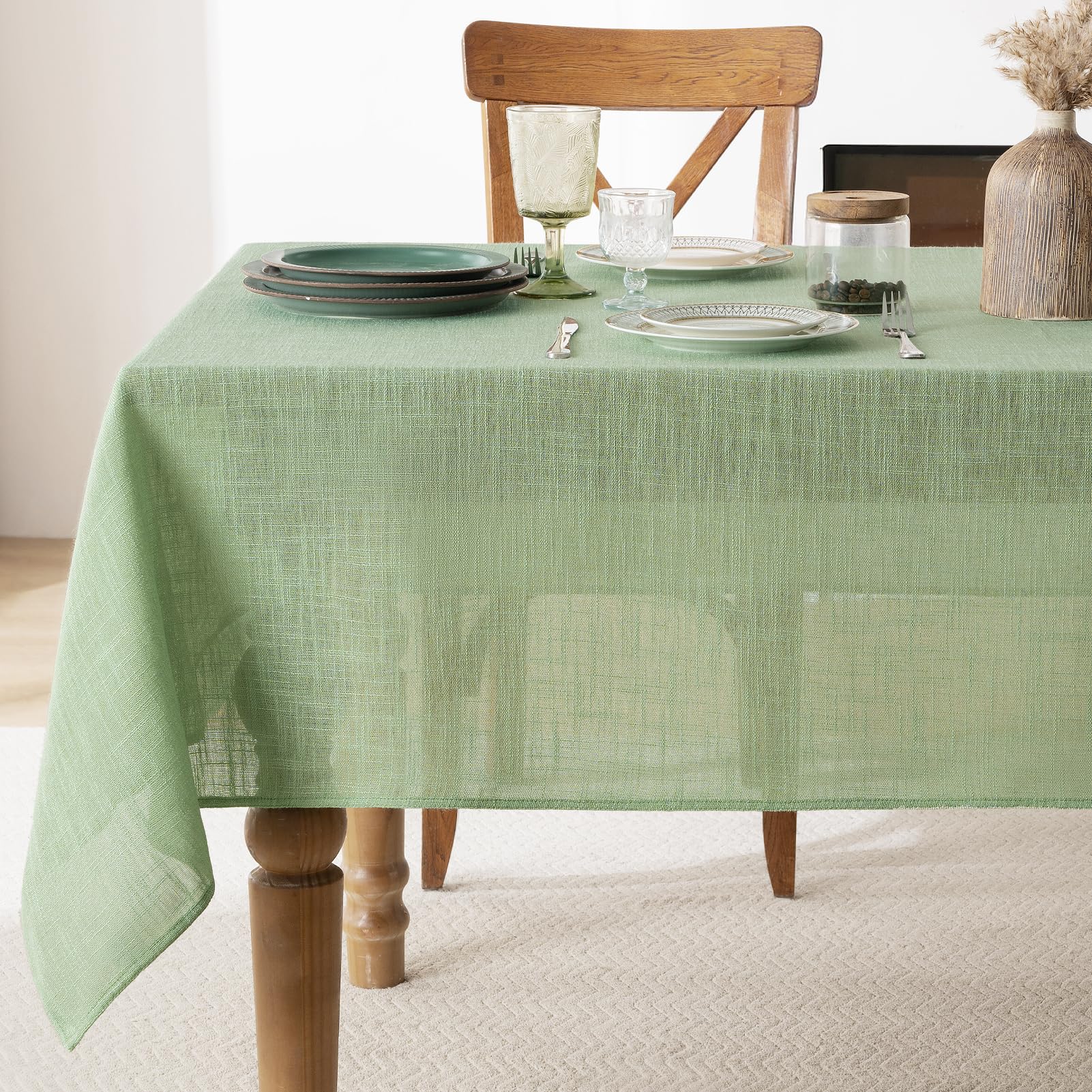 FIBORIA Sage Green Square Table Cloth Cream Faux Linen 140x140 cm Wipeable Table Cloths Water Resistant Washable Tablecloth for Outdoor Spring Summer Garden Picnic Indoor Home Decor,55x55 inch