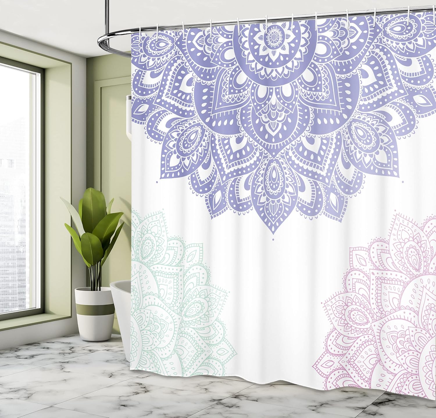 Ambesonne Flora Shower Curtain, South Mandala Design Vibrant Color Ornamental Illustration, Cloth Fabric Bathroom Decor Set with Hooks, 69" W x 75" L, Blue Violet