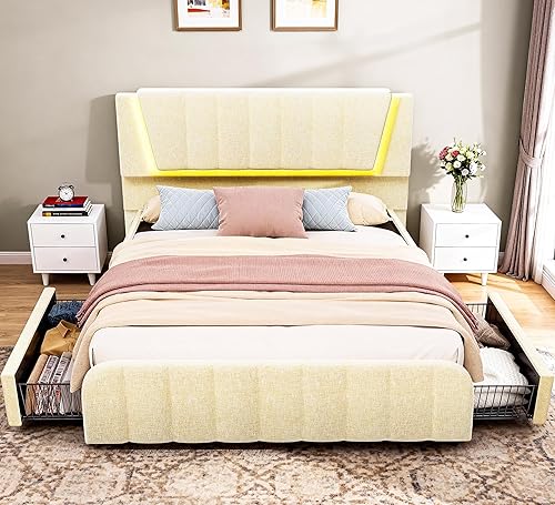 Miniatura 10 de Base de cama matrimonial con 2 cajones de almacenamiento, cama moderna de lino con cabecera tapizada, marco de cama con cabecera tapizada ajustable