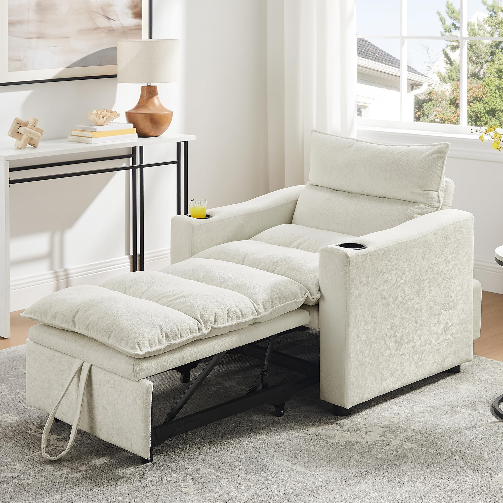 Sleeper Chair, 3 in 1 Convertible Pull Out Chair Sleeper with Bracket and Cup Holder, Chairs Bed Sleepers for Adults, Adjustable Sofa Bed Chairs for Living Room, Small Spaces, Beige