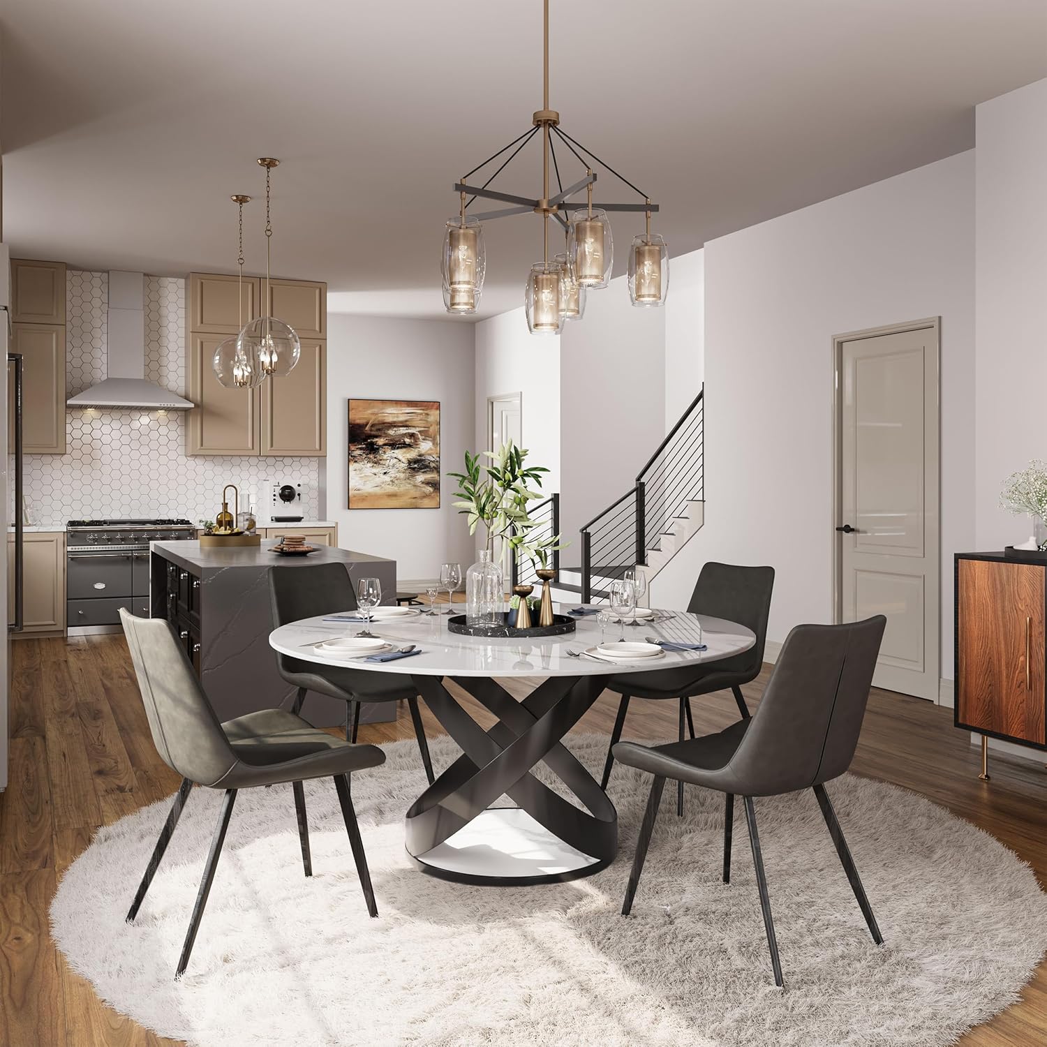POVISON Round Dining Table for 4, White Modern Dining Table, Sintered ...