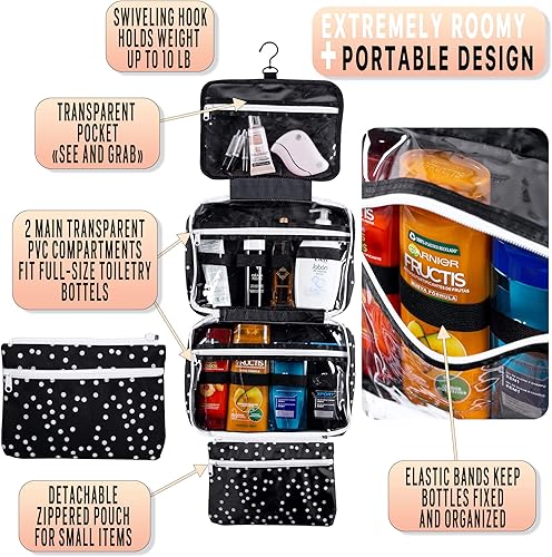 Miniatura 3 de Bolsa grande de cosméticos de viaje colgante para mujer, neceser de viaje y maquillaje cosmético con muchos bolsillos (lunares negros)