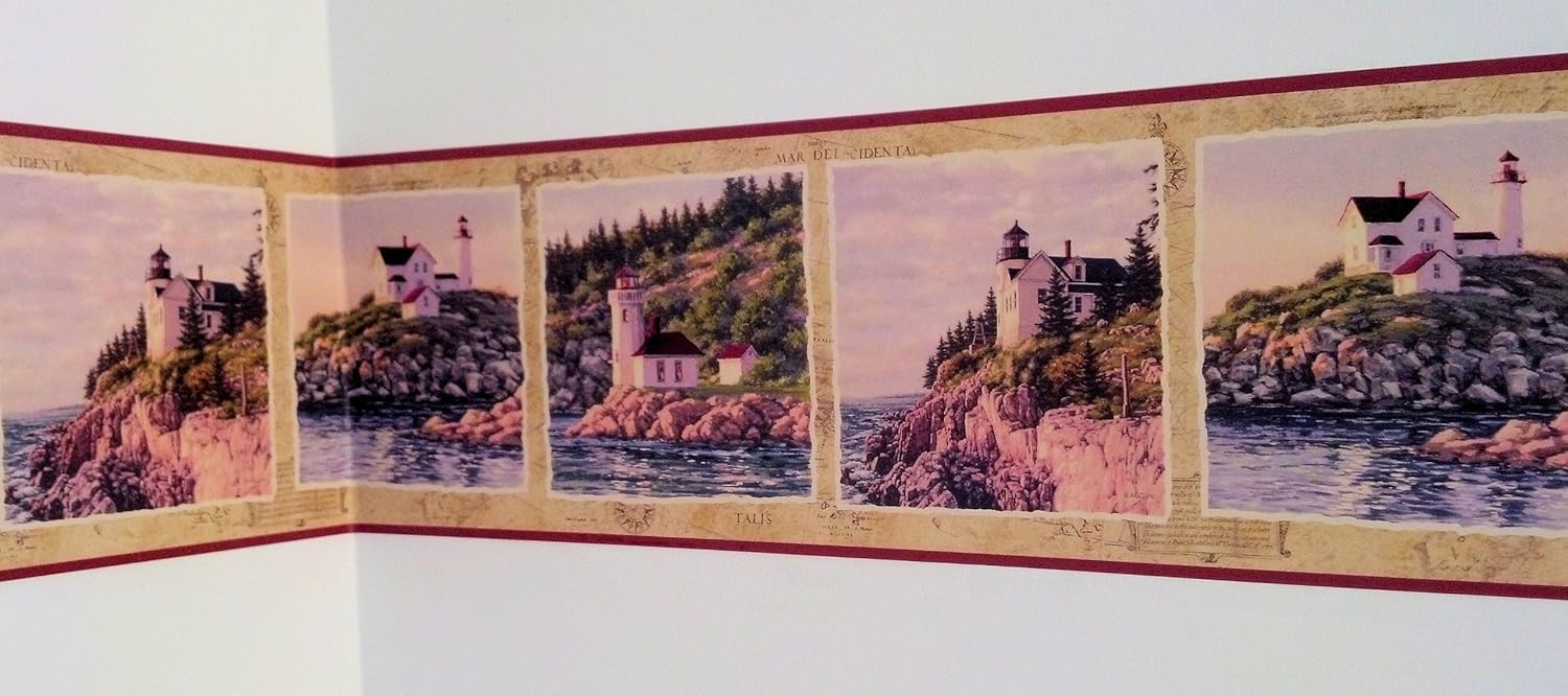 Lighthouse Seashore Wallpaper Border - Red…