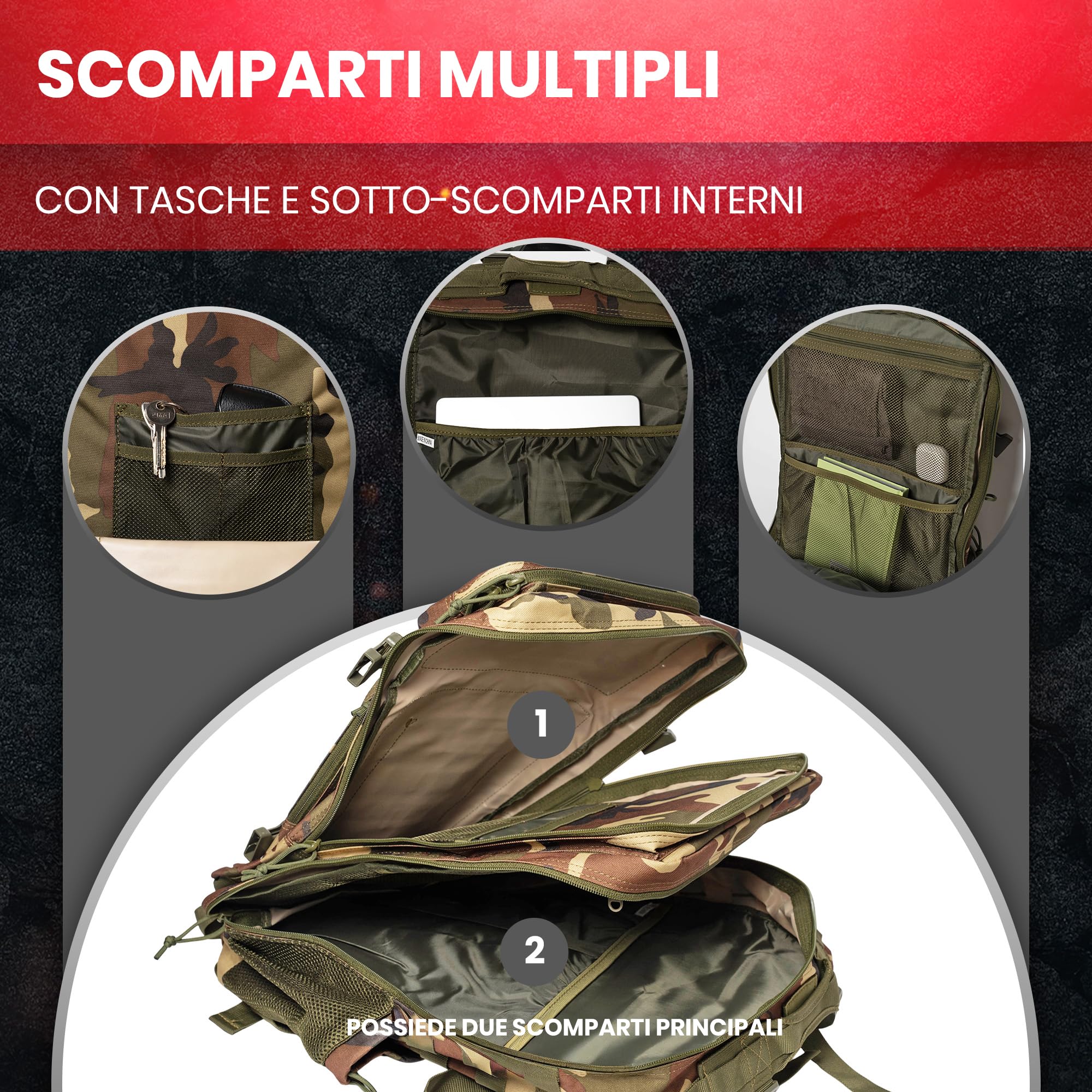 Zaino CrossFit | Zaino Tattico Militare 45L Impermeabile, Multitasche, per Palestra, Campeggio, Escursione o Viaggio – Robusto e Personalizzabile con Patch Inclusi