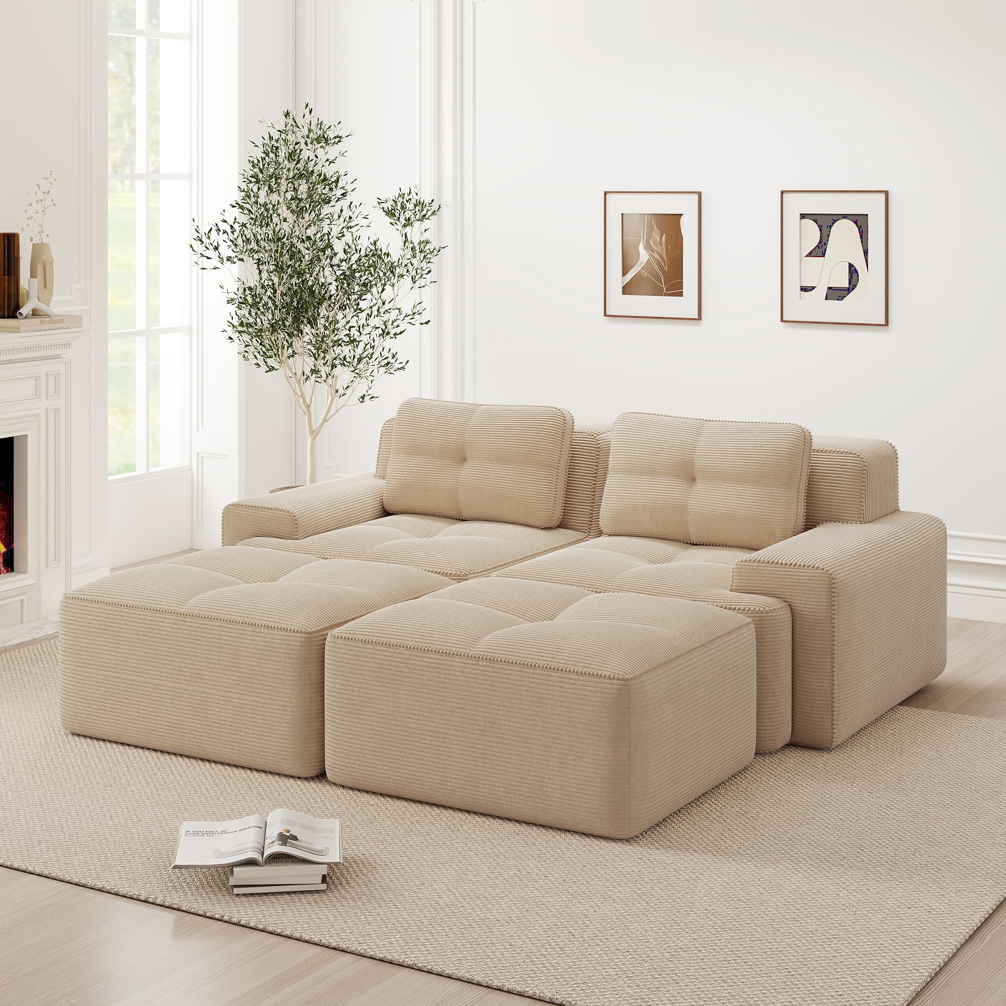 Sofá Modular Comprimido 204 cm, Sofá de 2 plazas con 2 pufs y 2 cojines, Cómodo sofá deshuesado de pana, sofá esquina/sofá cama para salón