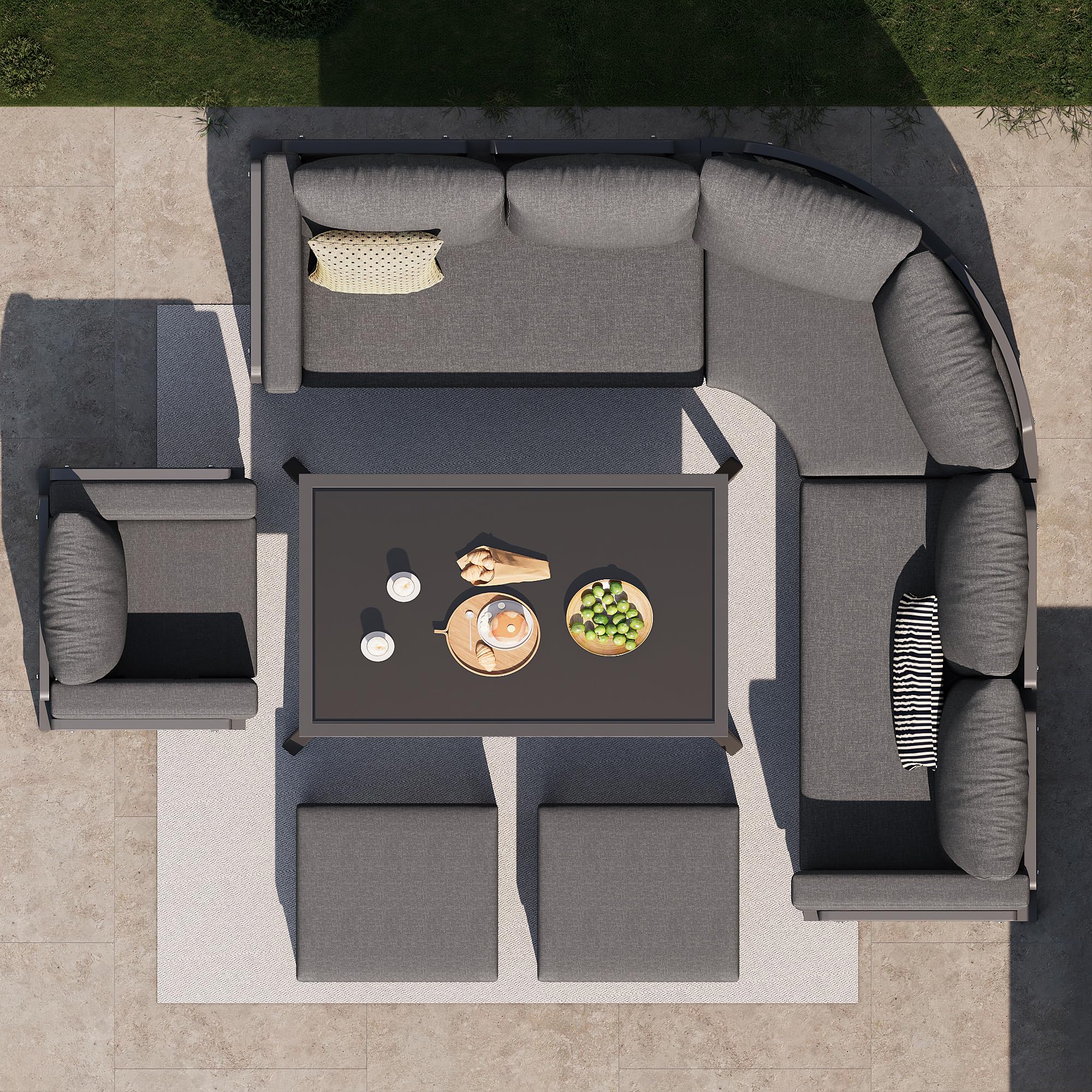 Conjunto Jardin Exterior en Forma de Media Luna para 8 Personas, Muebles Jardin Exterior con Mesa y Cojín Blando, Sofa Modular con 2 Taburetes y Sillón, Garden Furniture, Gris