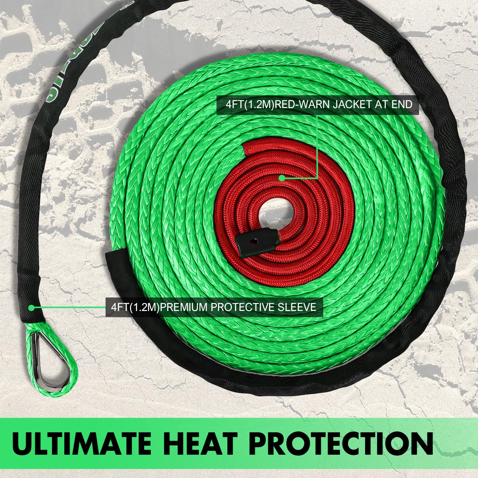 Corda sintetica per verricello Dyneema, 3/8" x 30,5 m, 10,8 kg, con gancio e manicotto di protezione, cavo di recupero per rimorchio auto, per fuoristrada, camion, SUV, Jeep (verde)