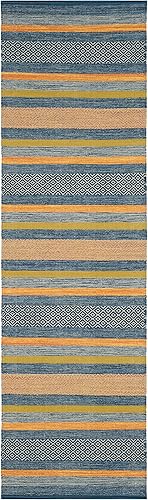Miniatura 3 de SAFAVIEH Montauk Collection - Alfombra decorativa de algodón, 4 x 6 pies, azul y naranja, hecha a mano, tejido plano a rayas, ideal para zonas de