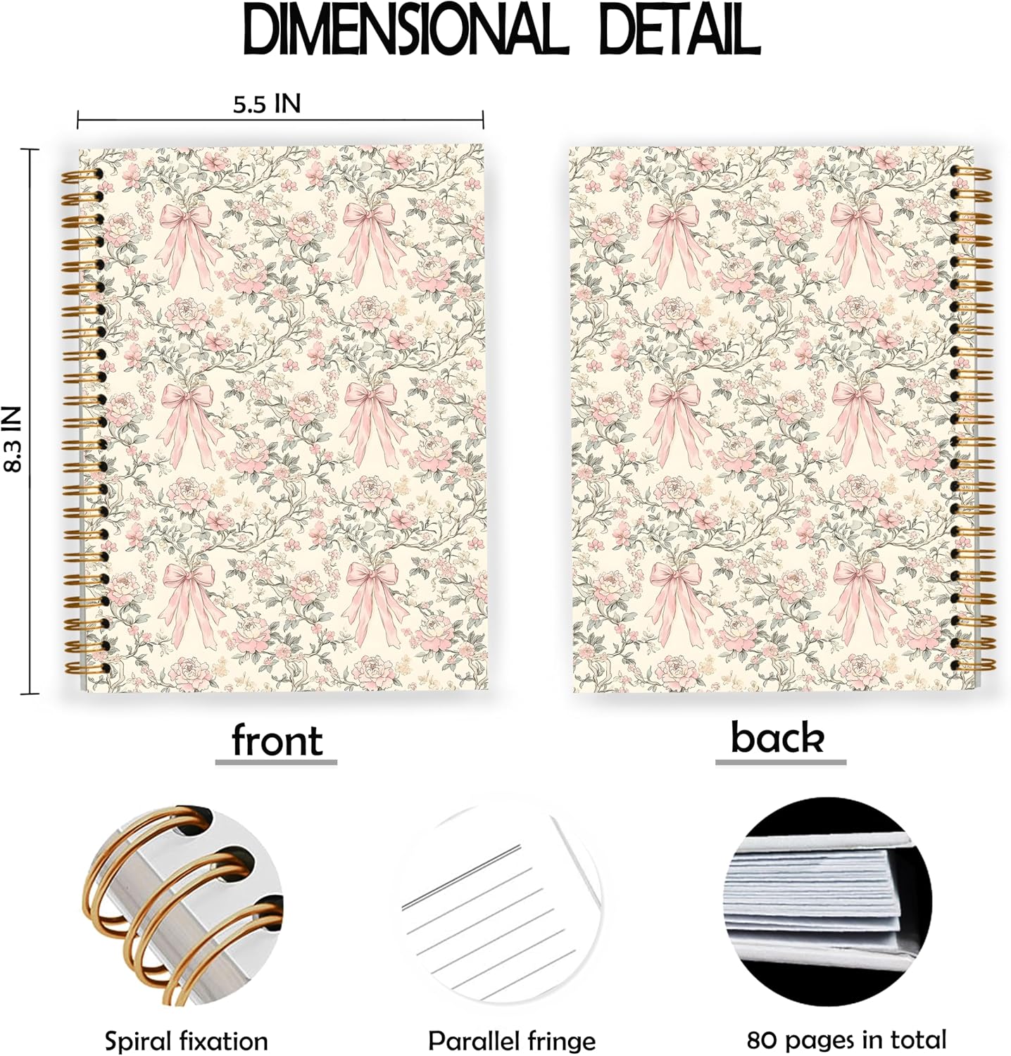 Coquette Pink Bow Spiral Notebook, Vintage Chinoiserie Floral Notebooks for Note Taking, Trendy Preppy Journals for Writing, Girly Aesthetic Journal Journaling, 5.5x8.3 Inch - Image 2