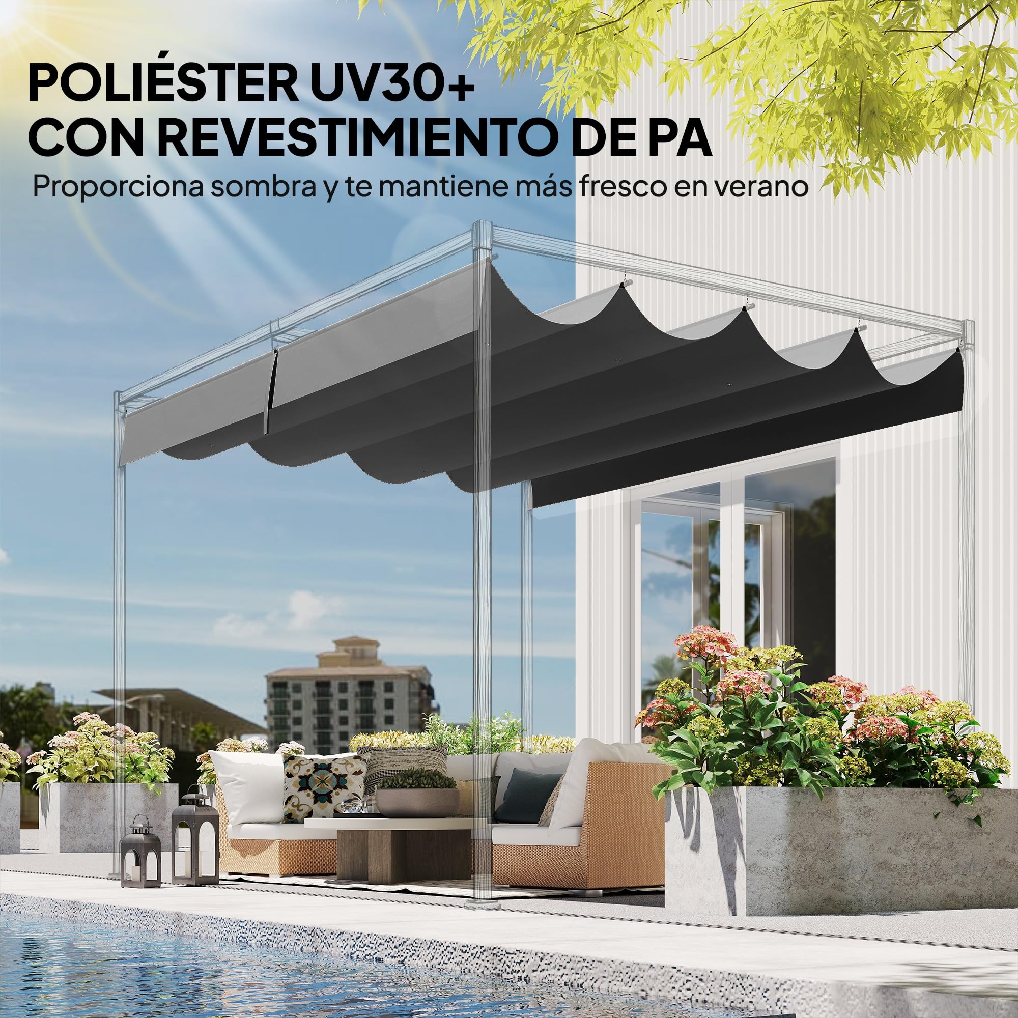 Outsunny Techo de Pérgola 4 x 3,5 m, Techo de Repuesto Retráctil para Marco de Pérgola de 4x3 m, UV30+, Toldo de Tela Solo para Cenador Jardín con 8 Orificios de Drenaje, Gris Oscuro - 4