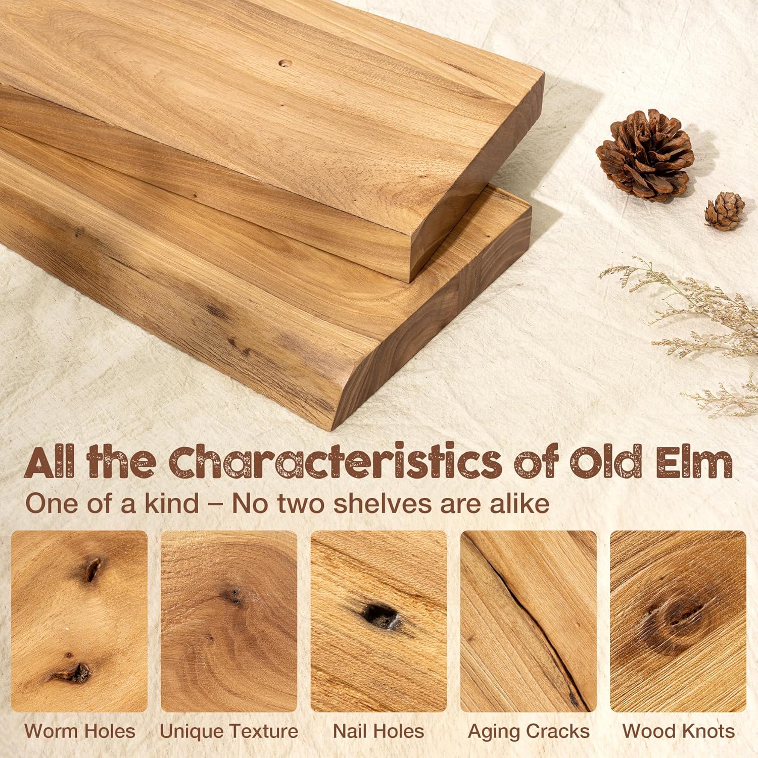 fuqing Floating Shelves for Wall, 55 inch Rustic Solid Elm Wood Floating Shelves, Wooden Wall Shelves with Invisible Heavy Duty Brackets for Living Room, Bedroom, Kitchen, Bathroom, 1 Pack, Natural