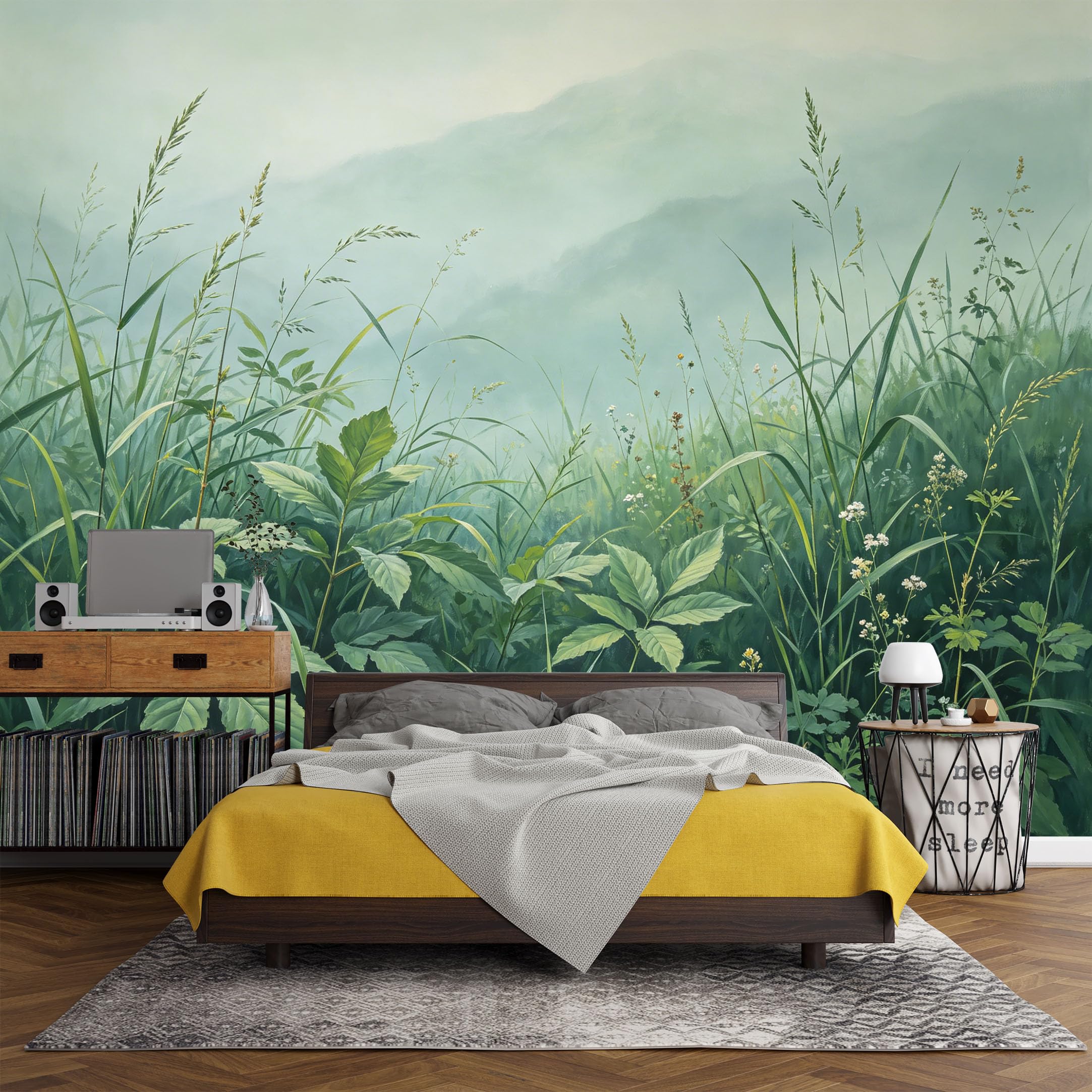 Custom Size Wall Mural， Botanical Green Meadow Misty Hills Landscape，SelfAdhesive Art Prints wall Fabric (No PVC) Removable Wallpaper Living Room Decor