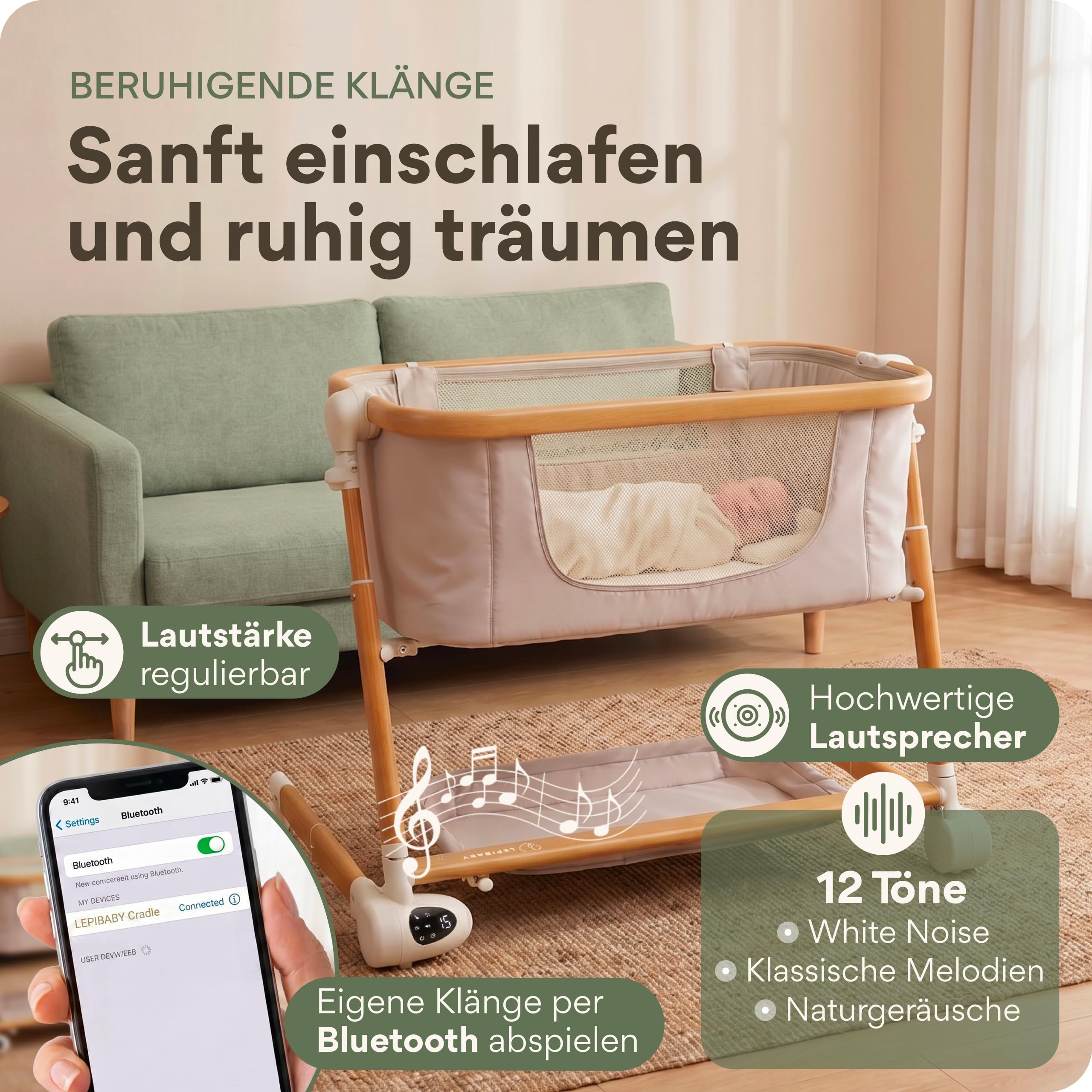 MaliDa Babybett mit Rollen | Beistellbett Baby Boxspringbett | Stubenwagen Höhenverstellbar mit Wiegefunktion | Reisebett Baby mit Matratze | Bett, Babywiege, Crib, Bassinet, Bed | Hell