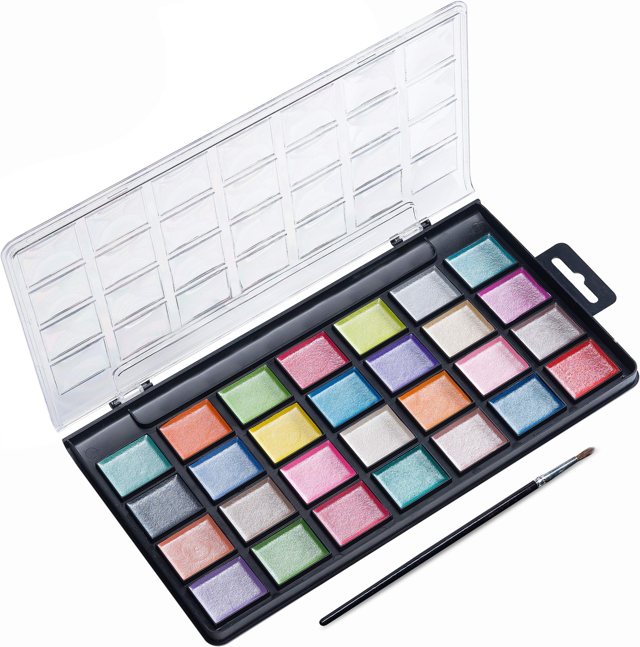 Watercolor Paint Set, 28 Vibrant Vivd Metallic Color Cakes, with 1 Paint Brush, in a Nice Sturdy Water-Color Pan - Perfect for Artists and Beginners