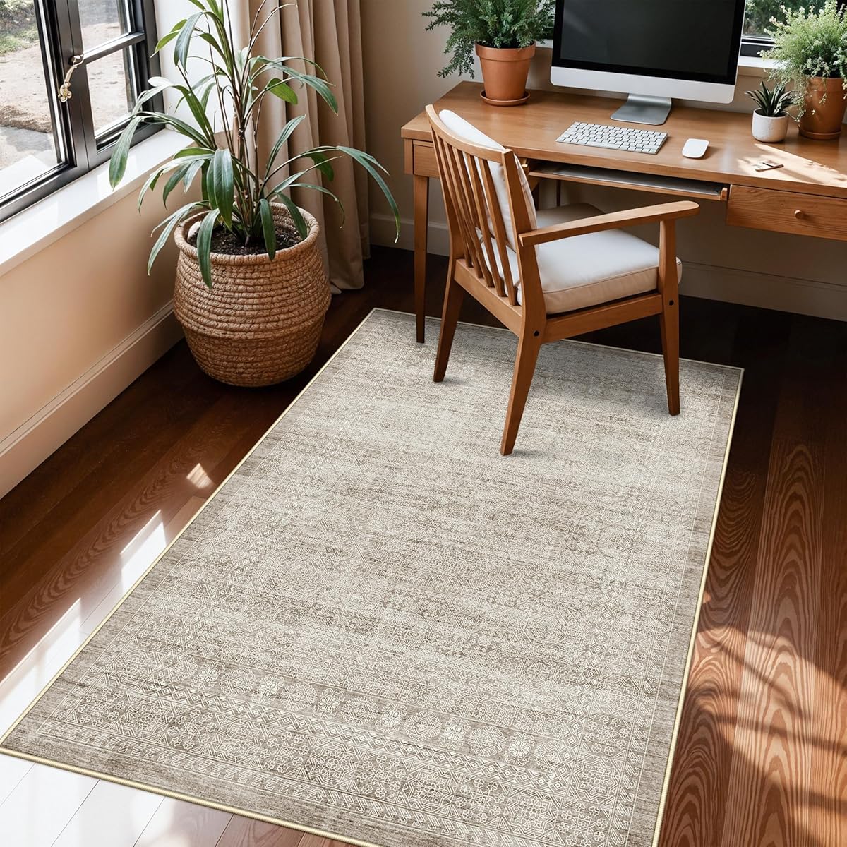Washable 3x4 Entryway Area Rugs: Abstract Water-Resistant Kitchen Rug Indoor Low Pile Nursery Room Carpet Anti-Slip Netural Bathroom Runner Rug Small Soft Beside Floor Mat for Bedroom(3x4,Beige/ivory)