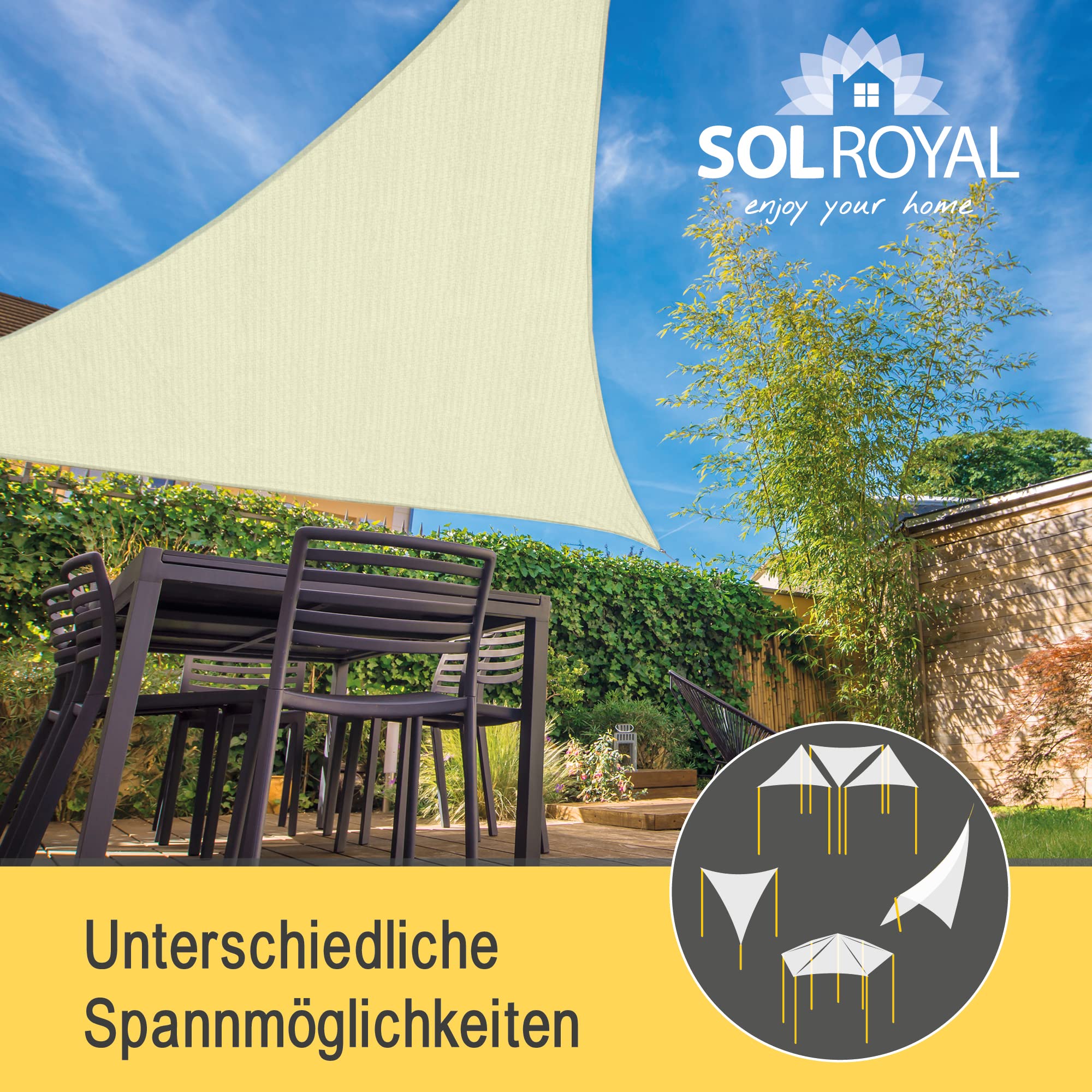 Sol Royal Sonnensegel dreieckig 3x3x3m Wasserdurchlässig HDPE Atmungsaktiver Balkon Terrasse Segeltuch UV Sonnenschutz Segel Garten Pool Camping Creme – Shade Sails HS9