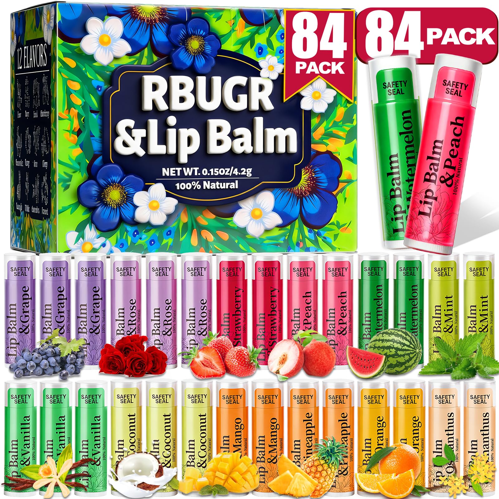 RBUGR 84 Pack Lip Balms - 12 Flavors Natural Organic Vitamin E Moisturising Balm for Dry Cracked Lips, Bulk Gifts for Valentines, Stocking Stuffers &