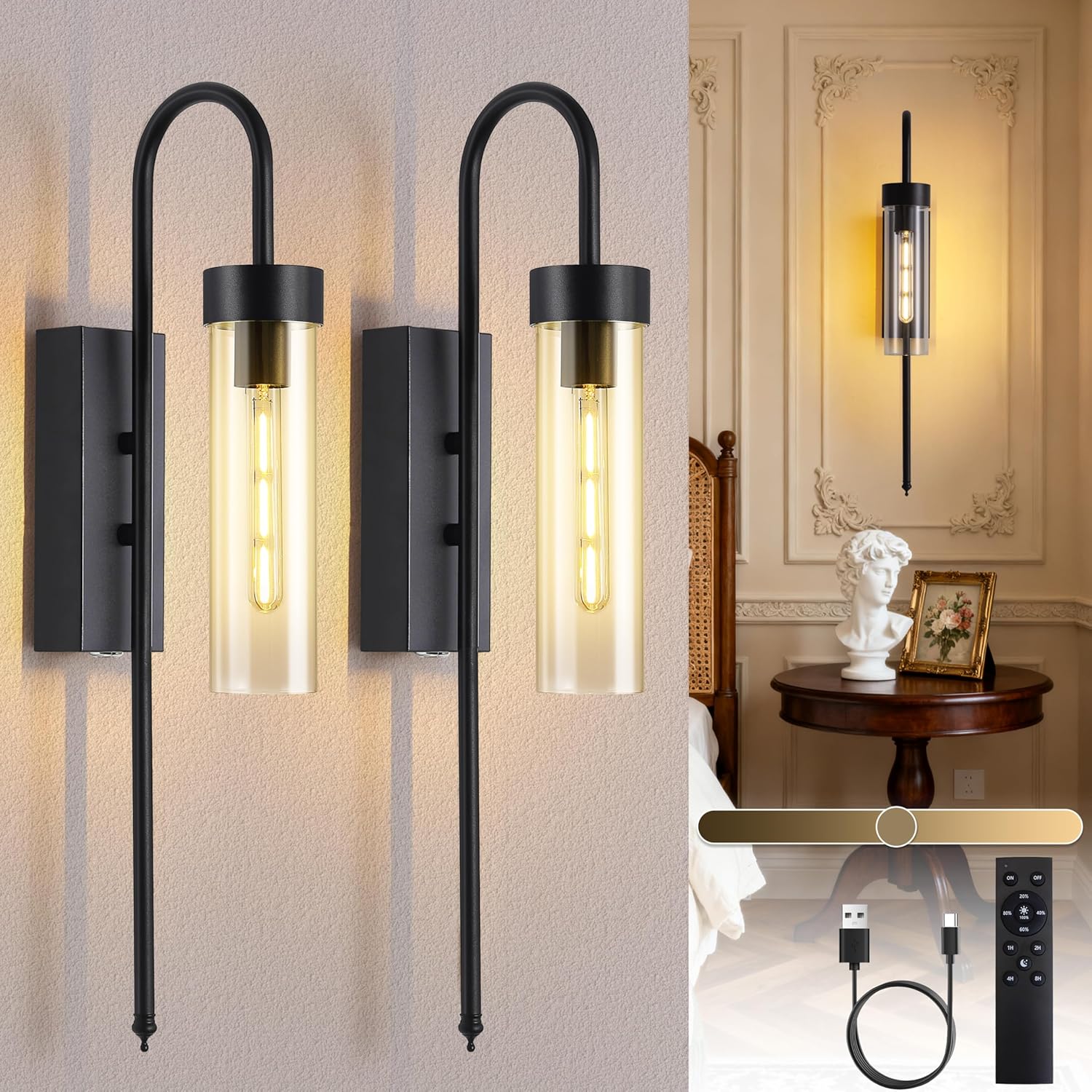 Battery Operated Wall Sconces Set of 2, 21" Dimmable Timer Remote Black Rechargeable Wireless Modern Wall Lights with Clear Glass, Wall Decor Fixtures for Bathroom Living Room Bedroom Hallway