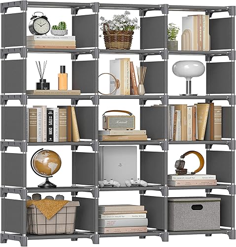 REIBII Bookshelf for Bedroom Book Shelf Organizer Bookcase Tall Book Case 15 Cube Storage Organizer Cube Shelf Gray Cubby Storage Organizer Shelves